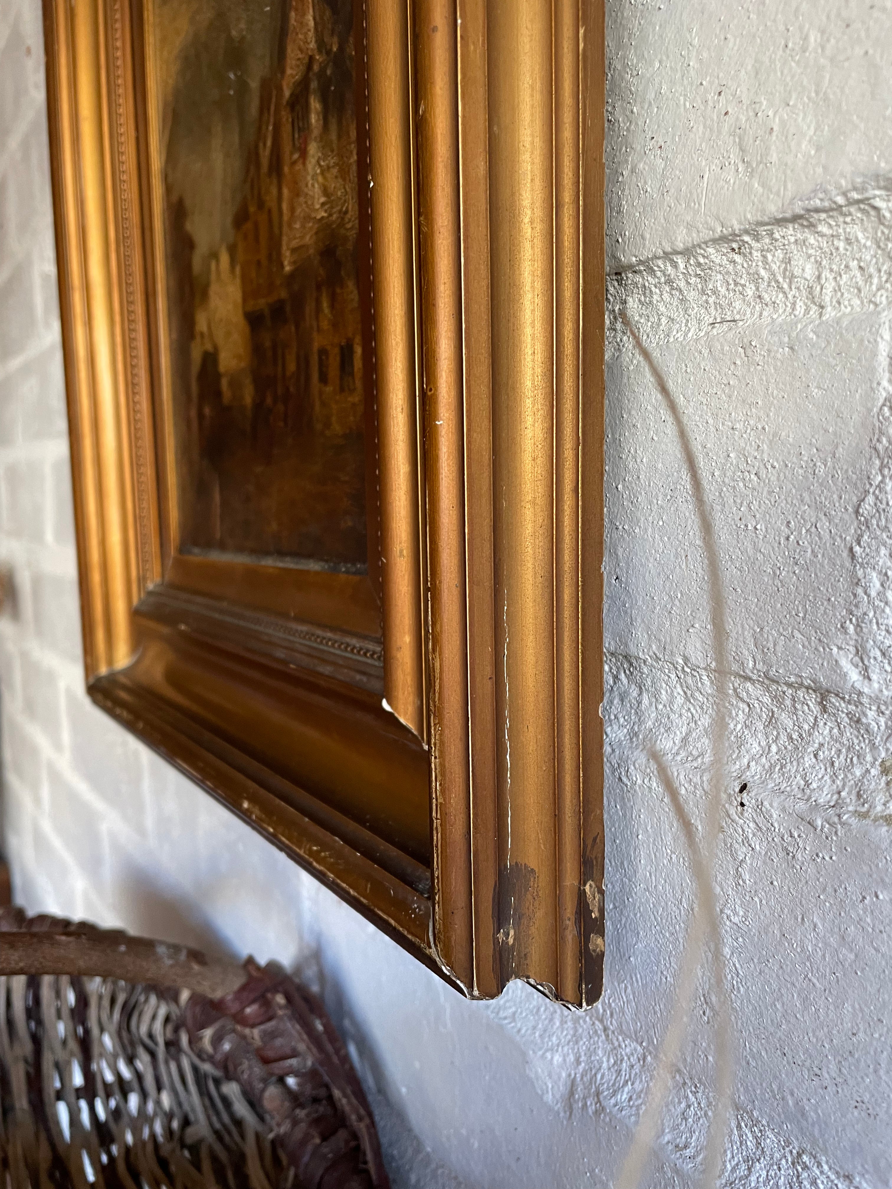 Village Scene: Antique Oil on Leather