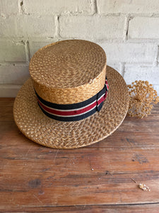 1930s Straw Boater Hat with Grosgrain Ribbon