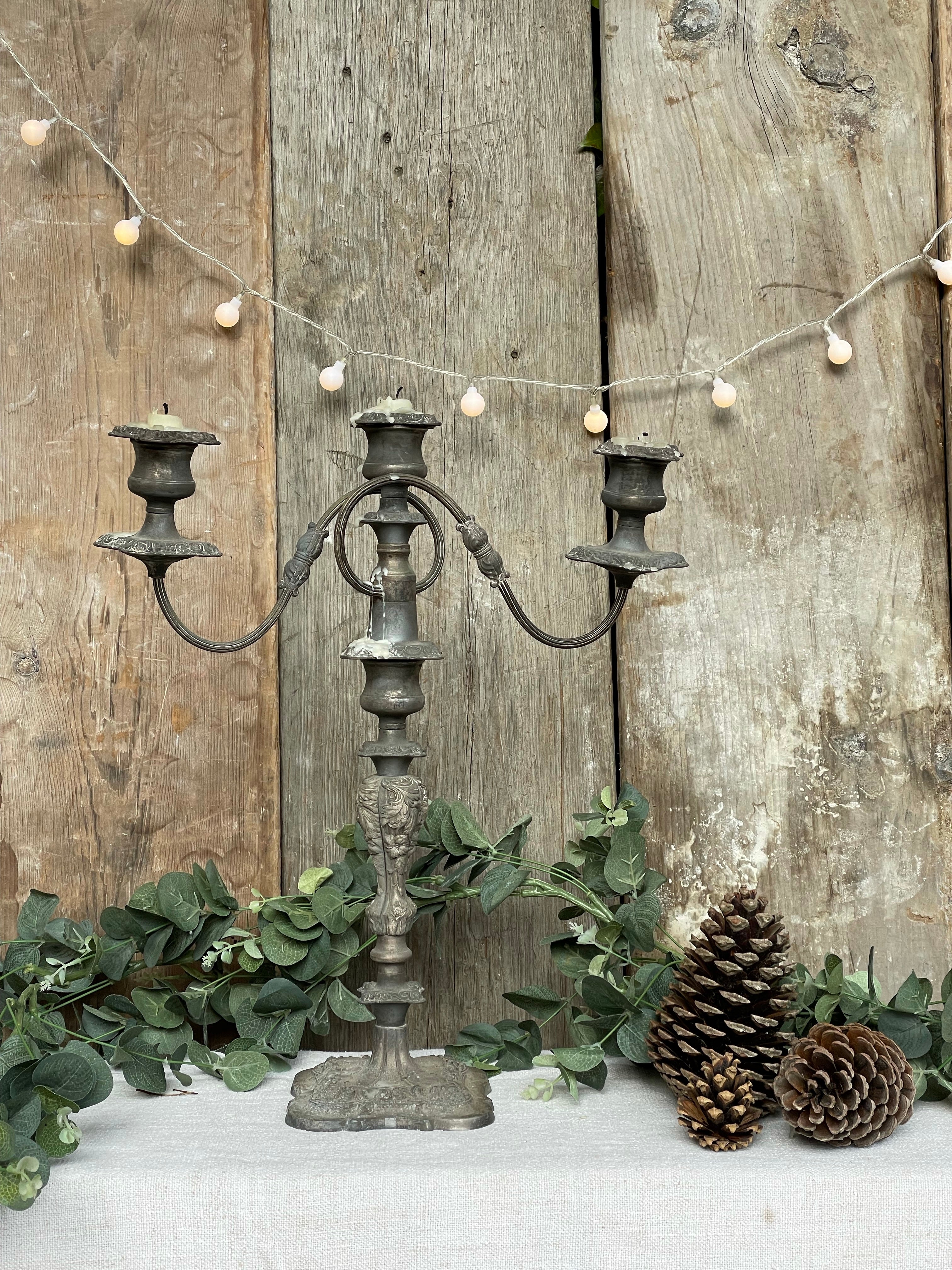 Pair of Silver-Plated Three-Tiered Candelabra with Glorious Patina