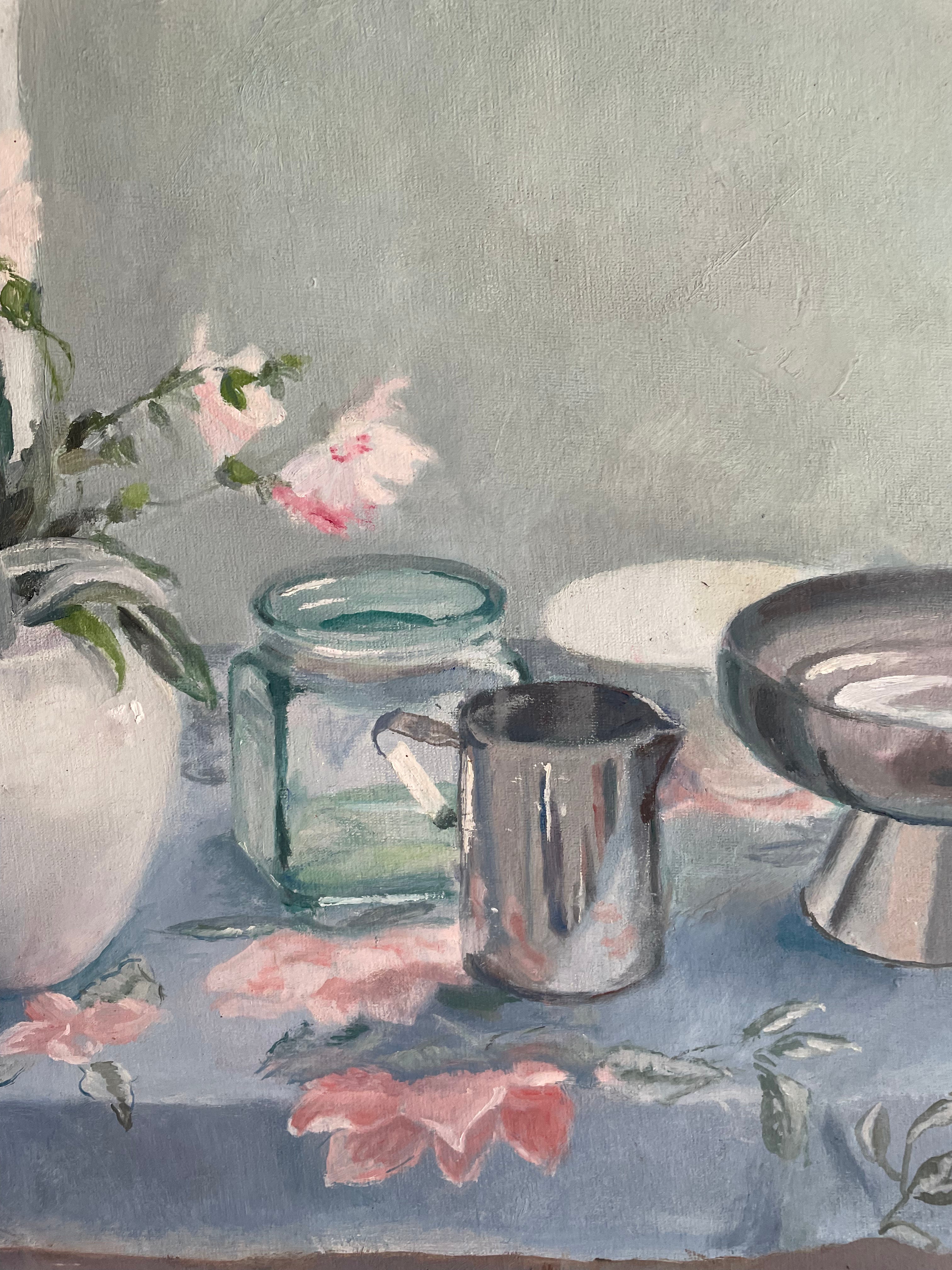 Still-Life Oil Painting with Floral Tablecloth