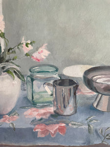 Still-Life Oil Painting with Floral Tablecloth