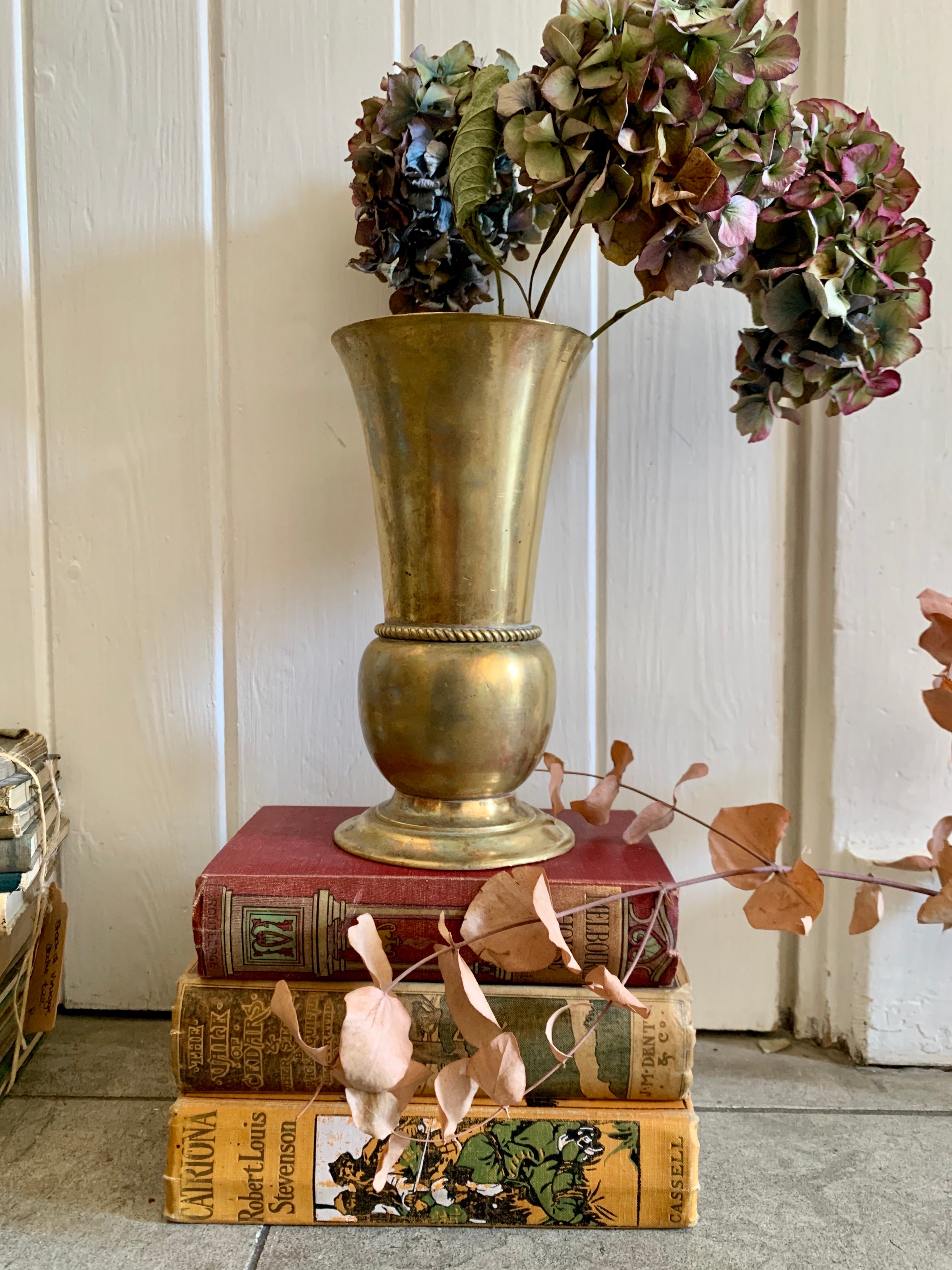 Large Heavy French Brass Vase with Beaded Detail
