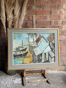 Japanese Village & Boats: Midcentury Signed Oil on Board