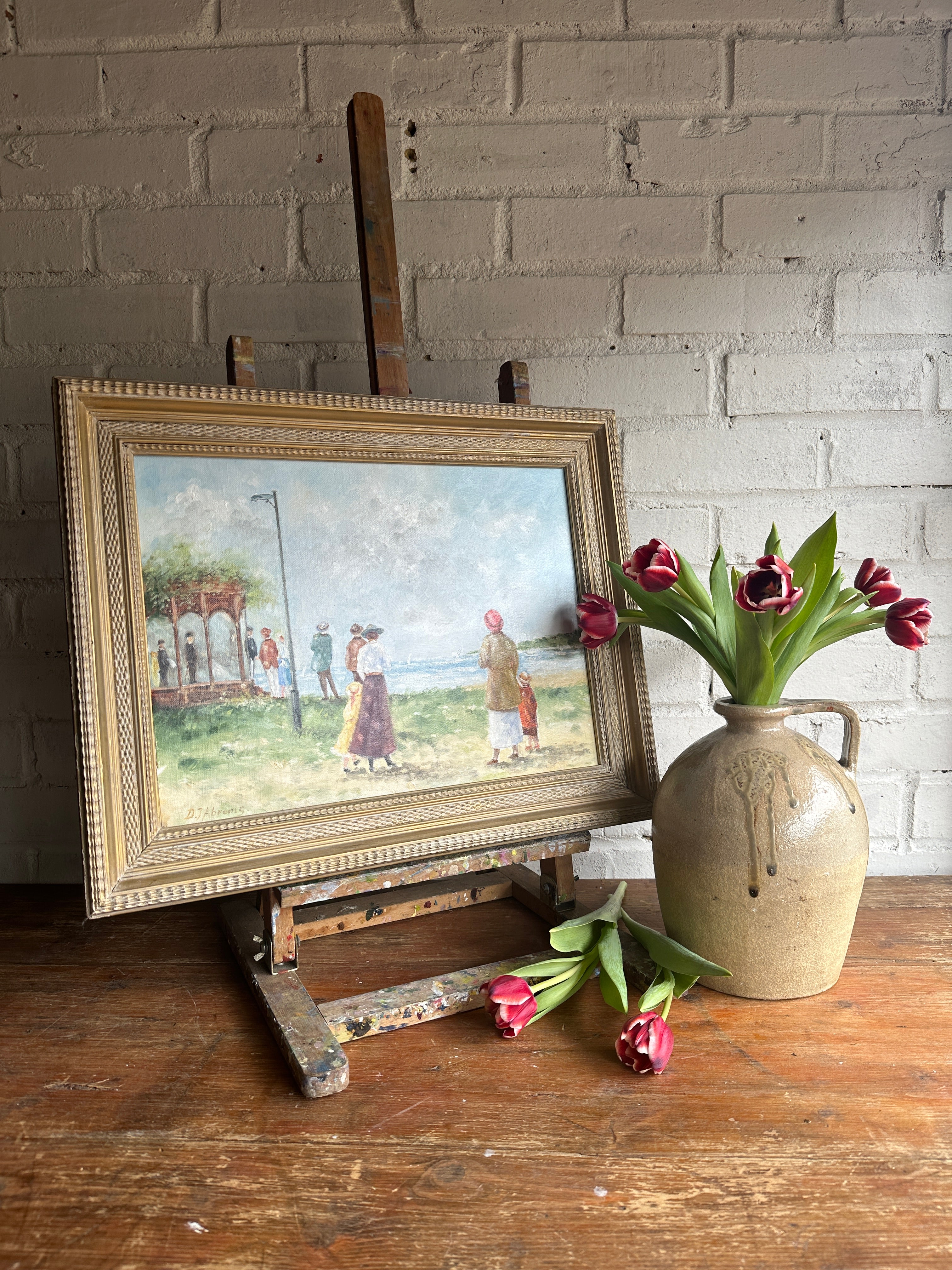 Edwardian Lakeside Scene: Vintage Oil on Board