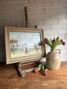 Edwardian Lakeside Scene: Vintage Oil on Board