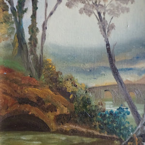 Treescape with Bridge: Oil on Board