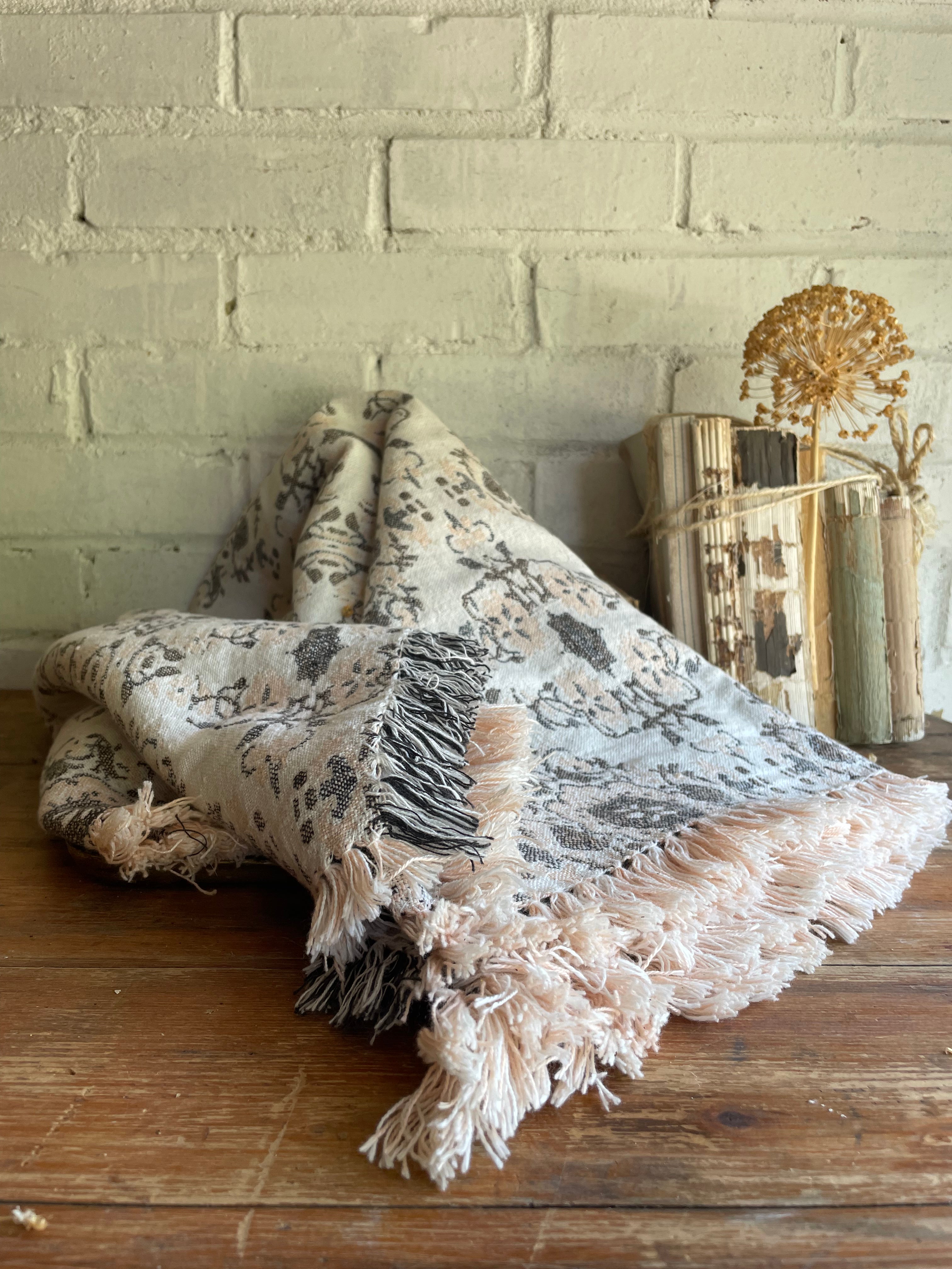 Coral Pink and Grey Embroidered Throw with Fringing