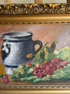Raspberries: Oil on Canvas with Gilt Frame