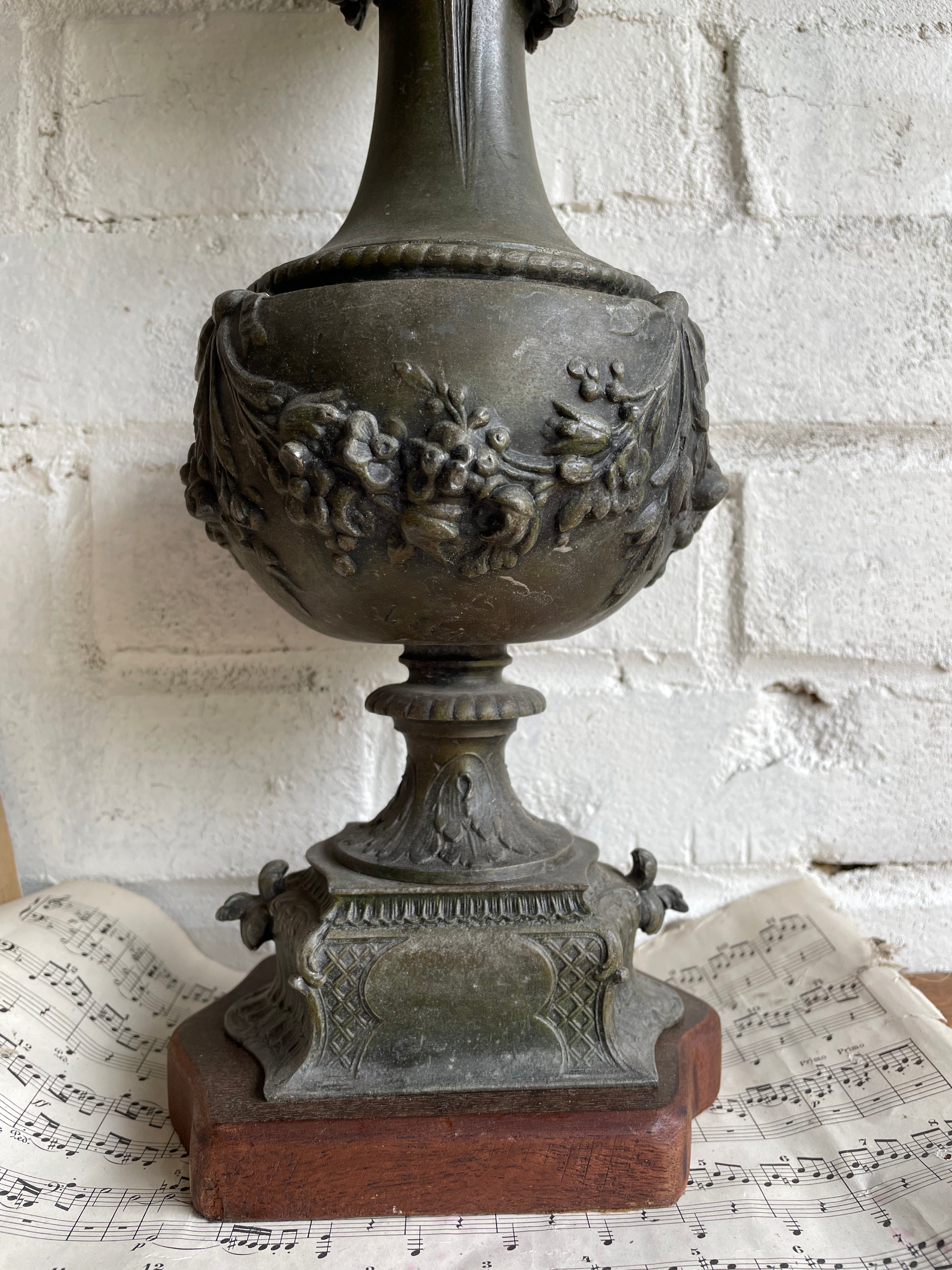 Antique Metal Urn with Wood Base