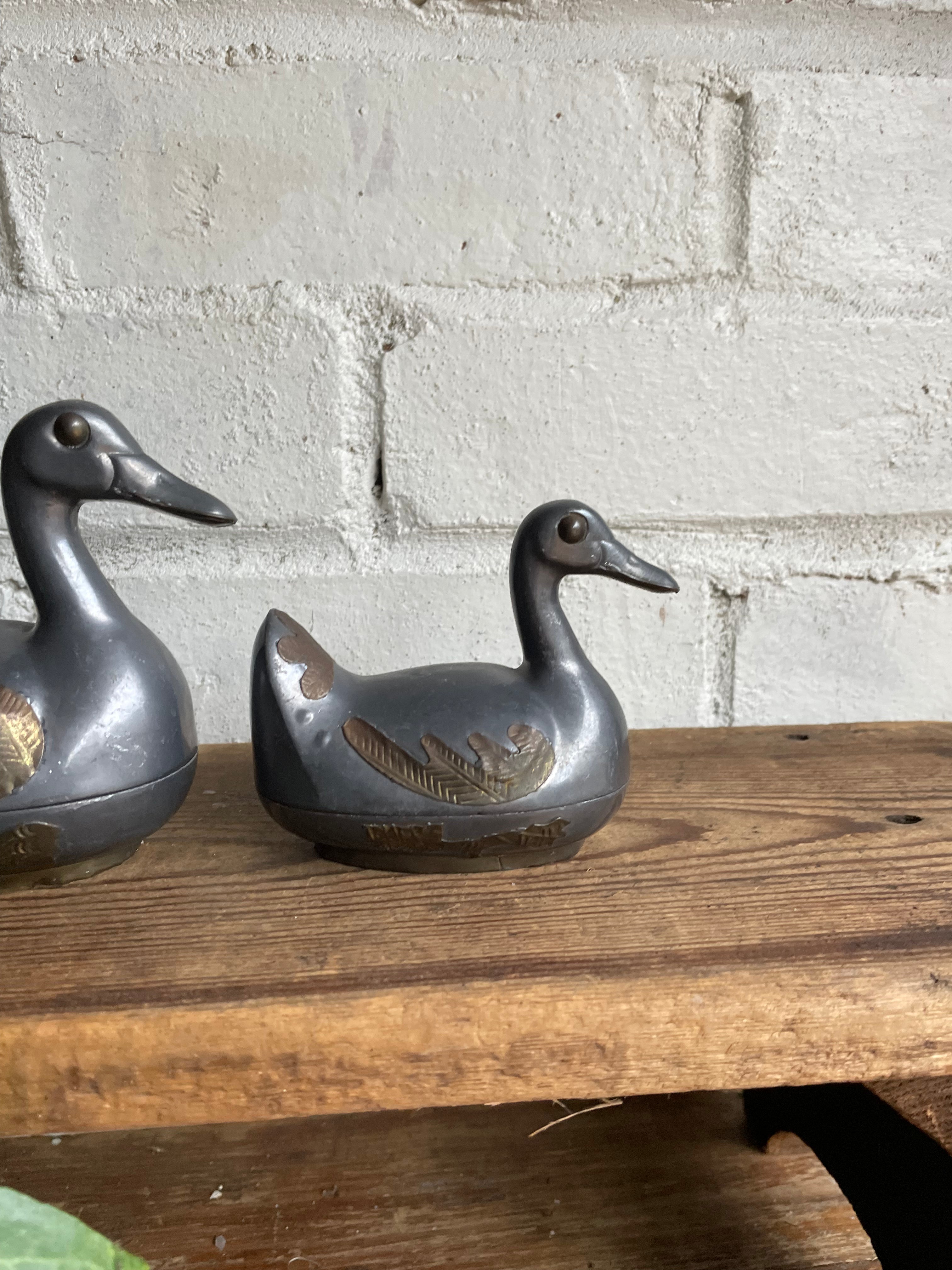 Set of Four Vintage Pewter and Brass Ducks