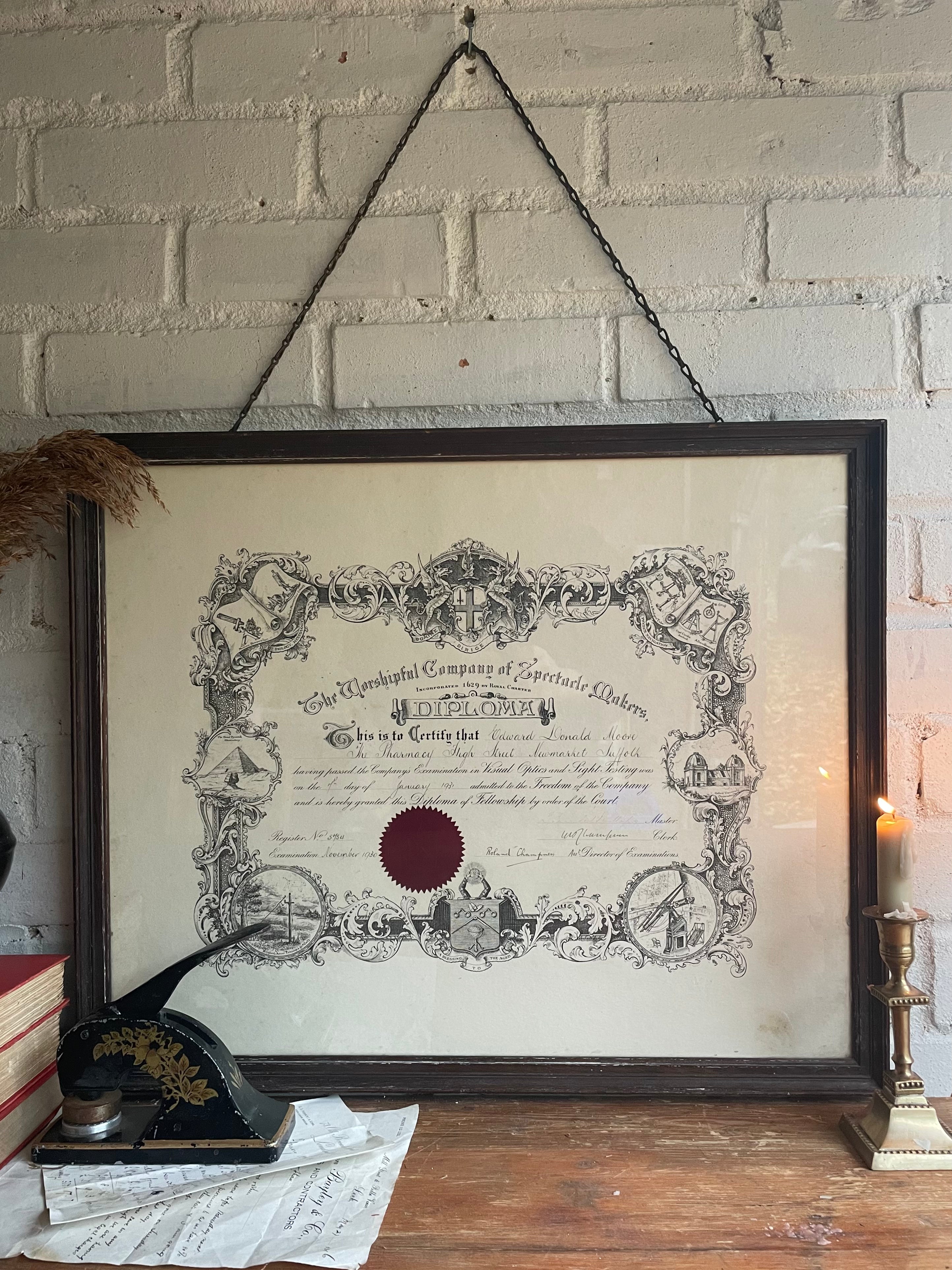 Large Framed 1930s Diploma from “The Worshipful Company of Spectacle Makers”