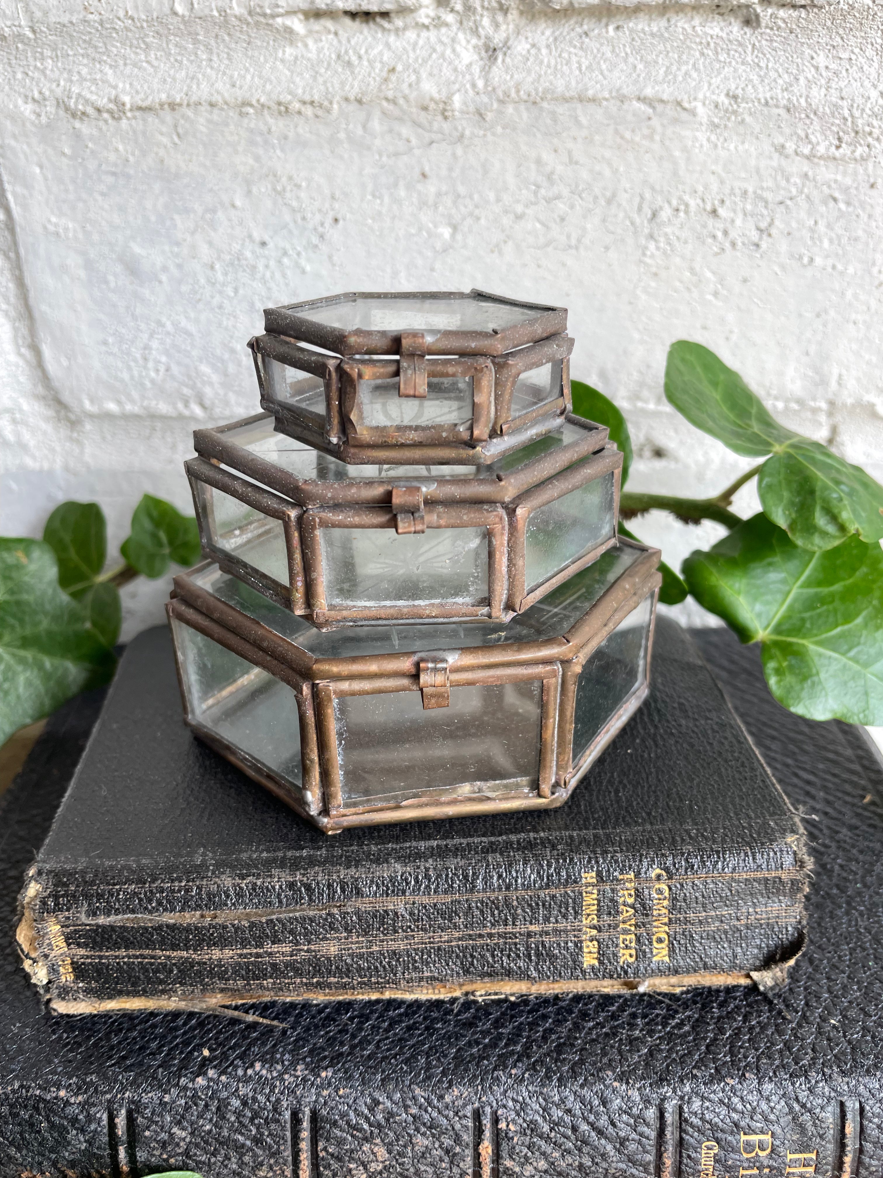 Trio of Tiny Stacking/Nesting Glass & Metal Trinket Boxes