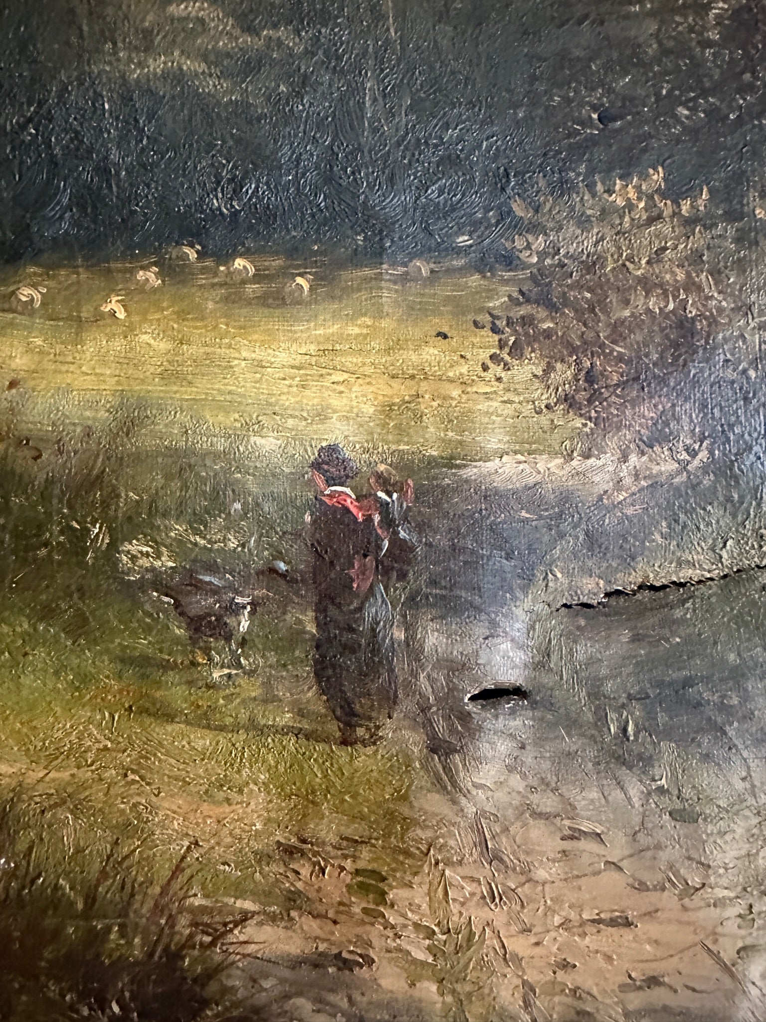 19th Century Landscape with Woman & Dog: Unframed Oil on Canvas