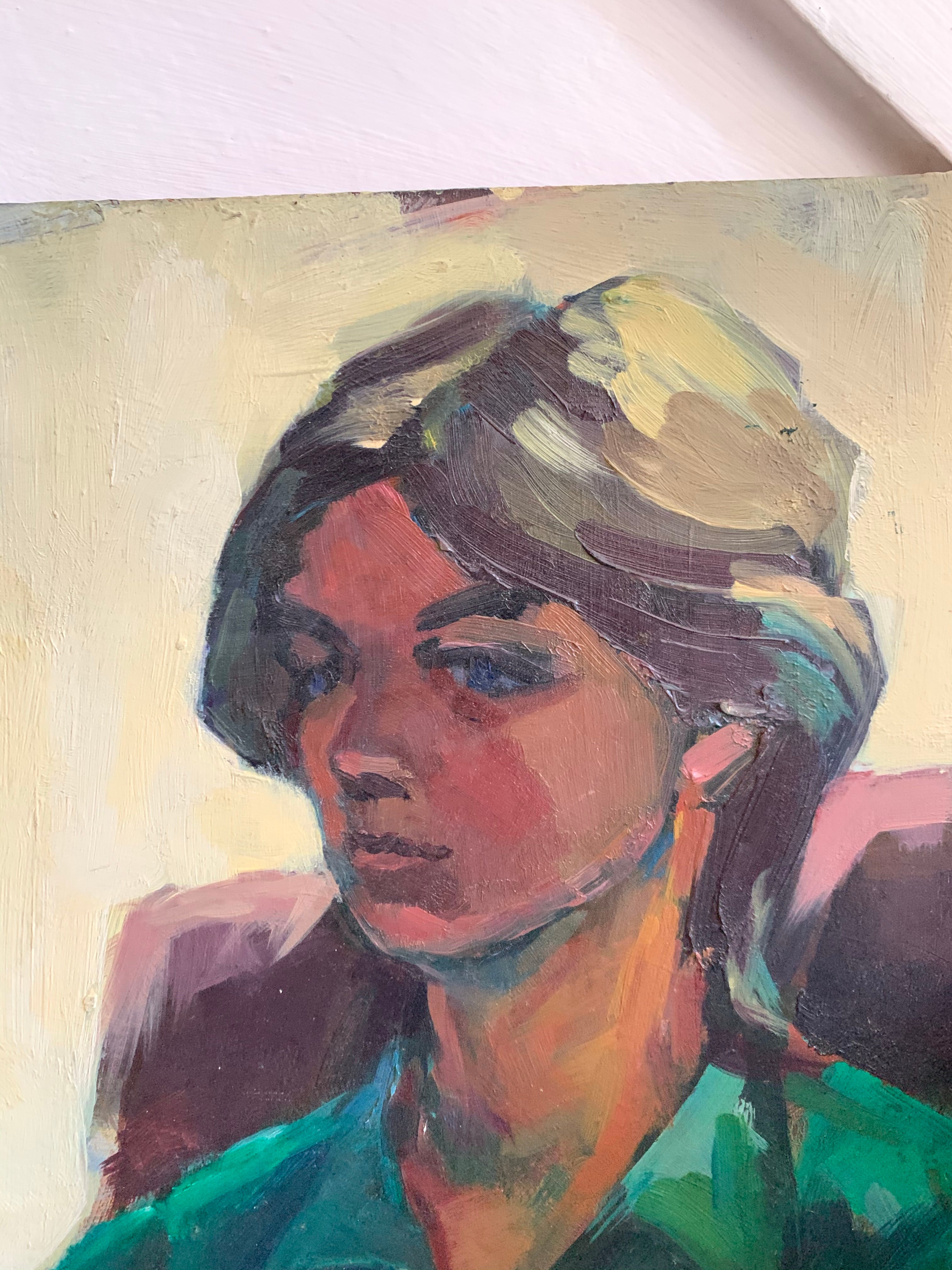 Portrait of Lady in Green and Brown - Oil Painting on Board