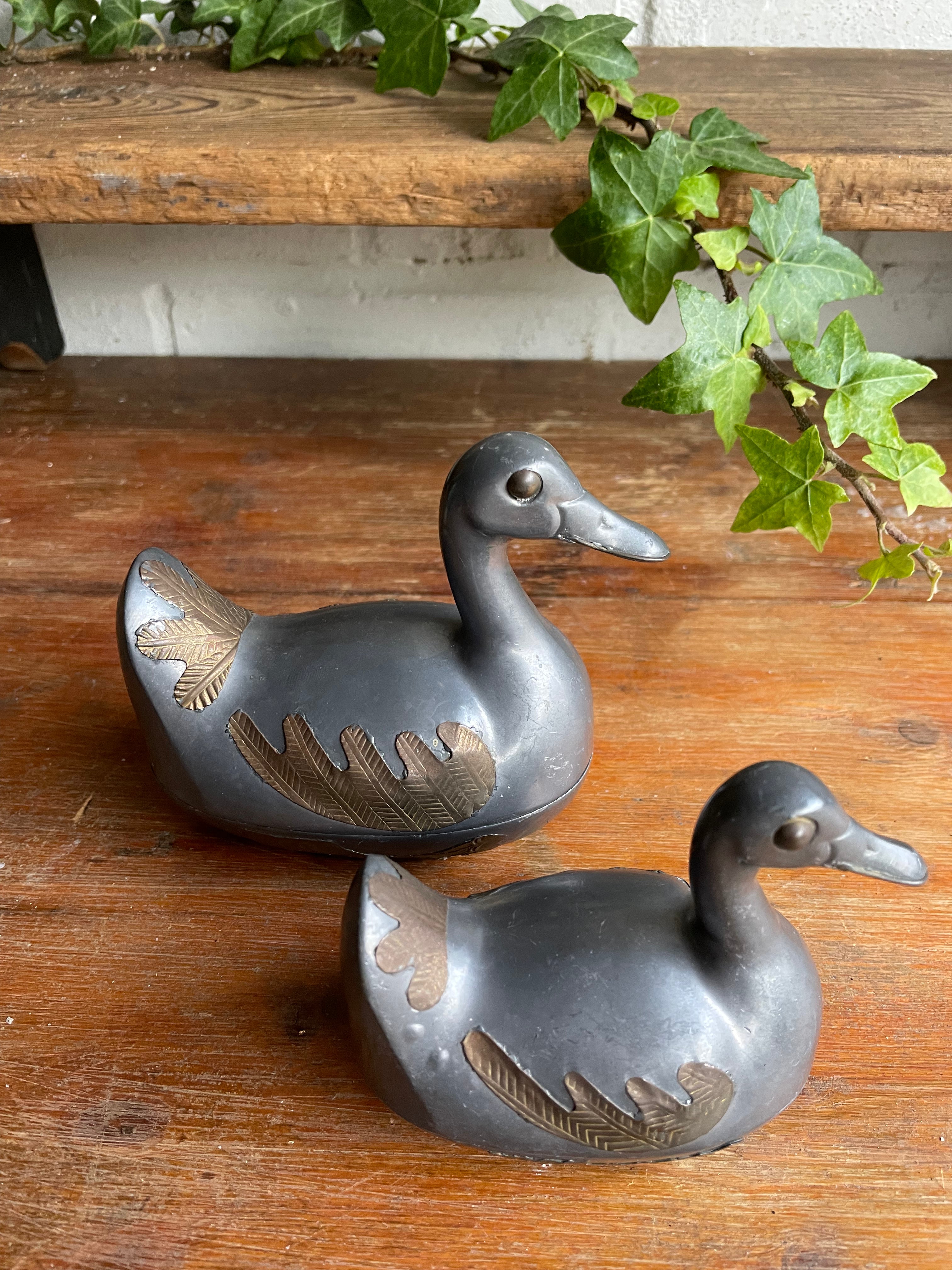 Set of Four Vintage Pewter and Brass Ducks