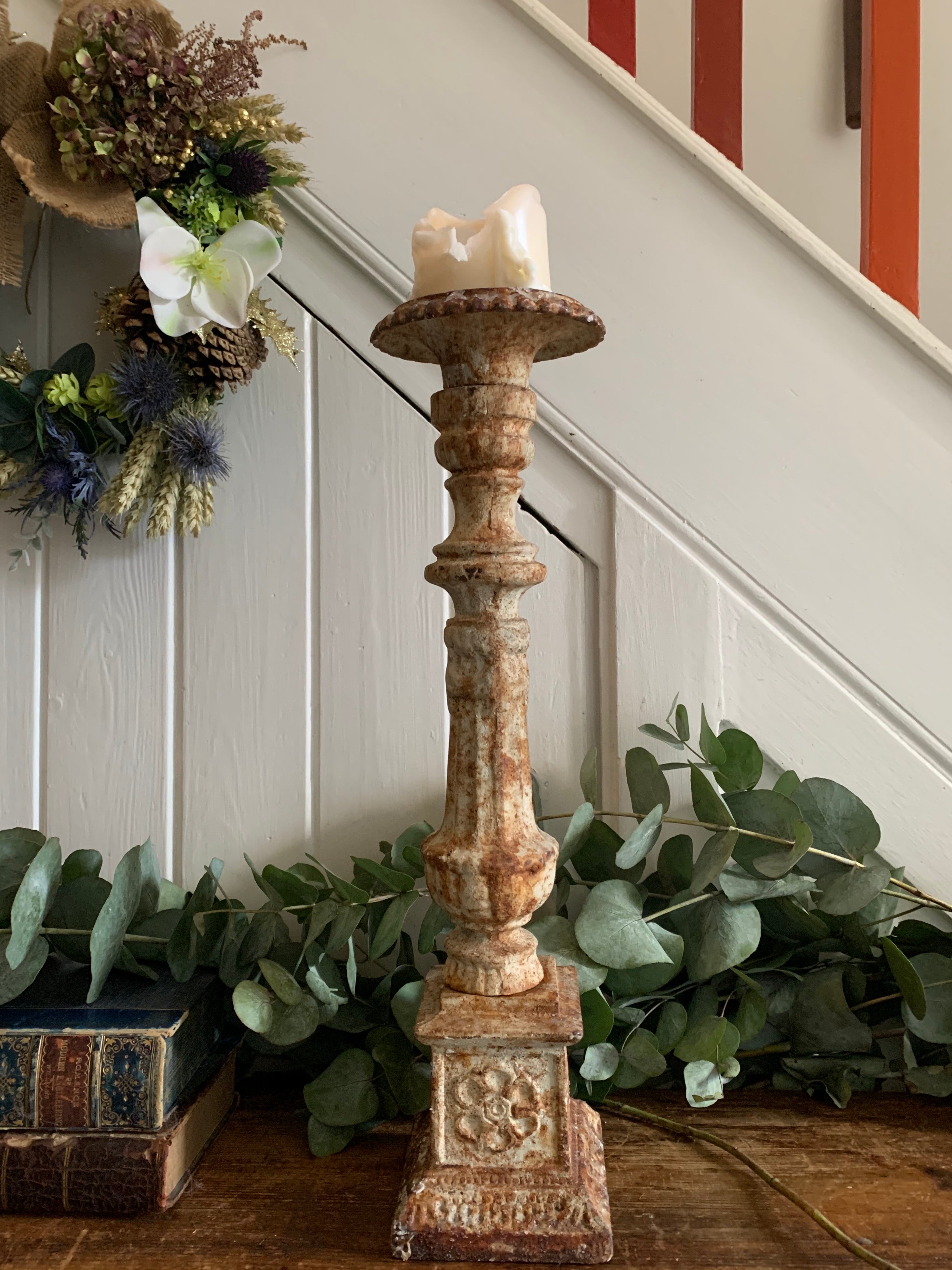 Large Rustic Cast Iron Candleholder  - Brown & Cream