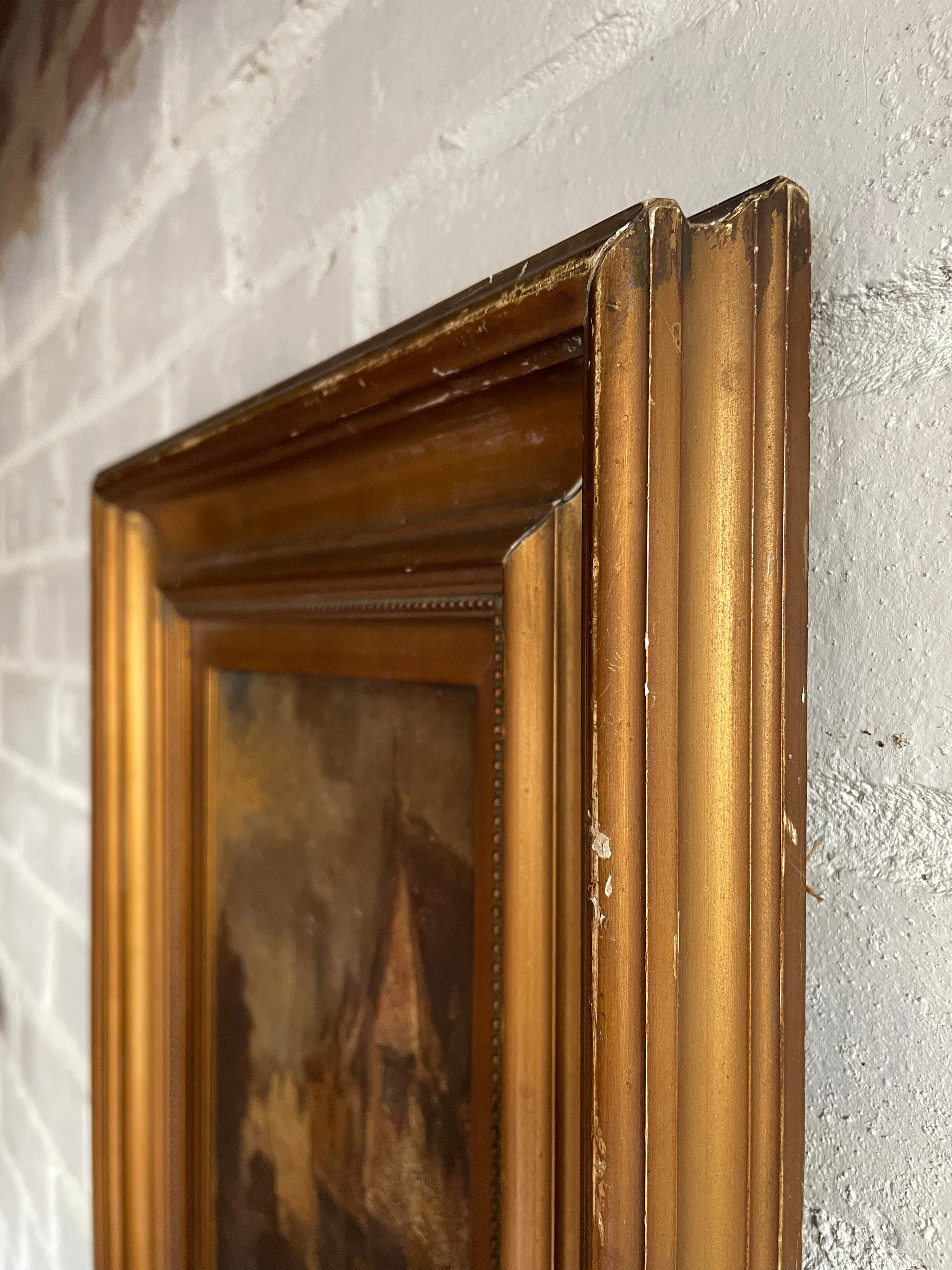 Village Scene: Antique Oil on Leather