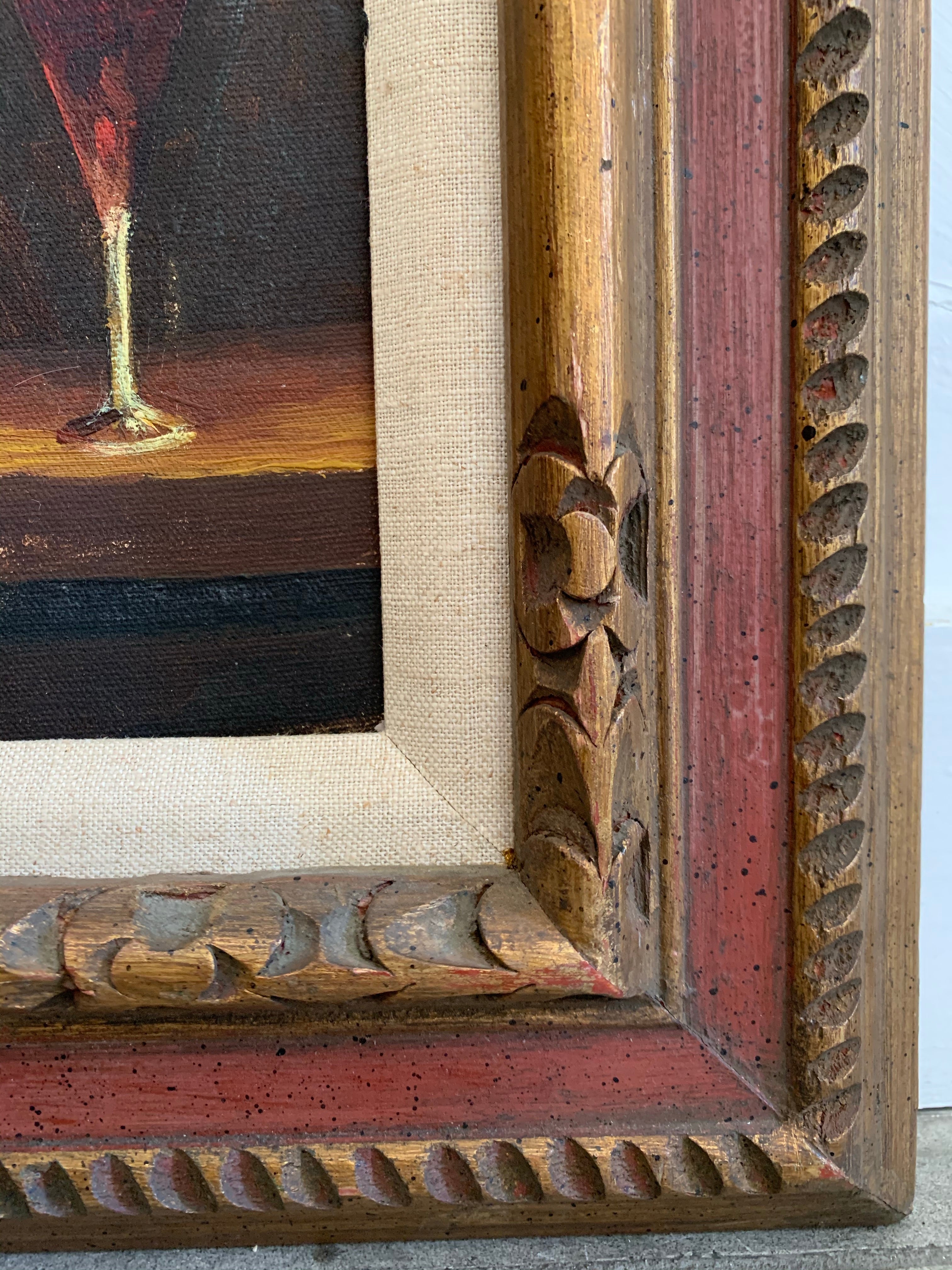 Still-Life with fruit, bread & wine: Gilt Framed Oil on Canvas