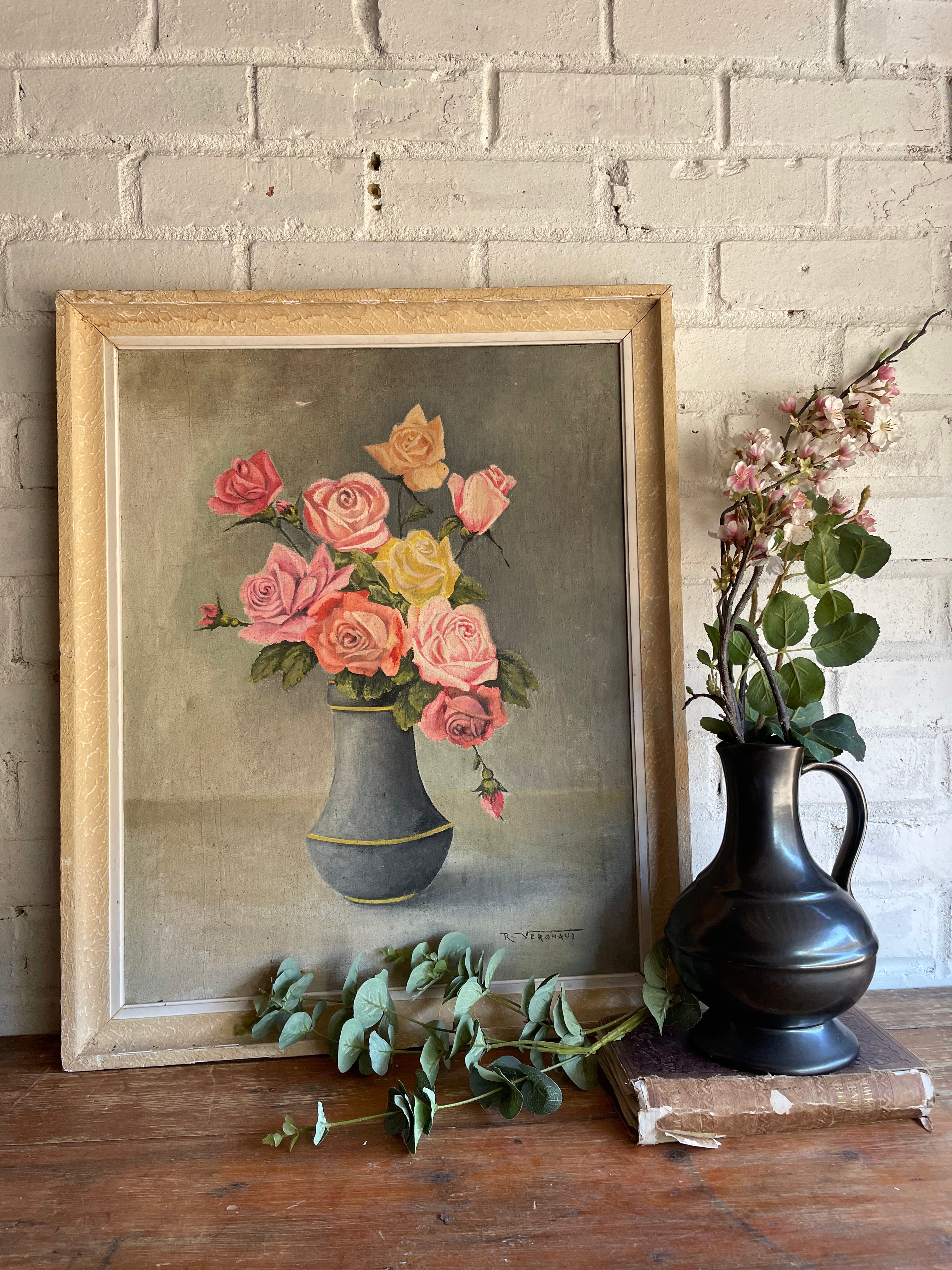 Large French Oil on Canvas of Yellow & Pink Roses