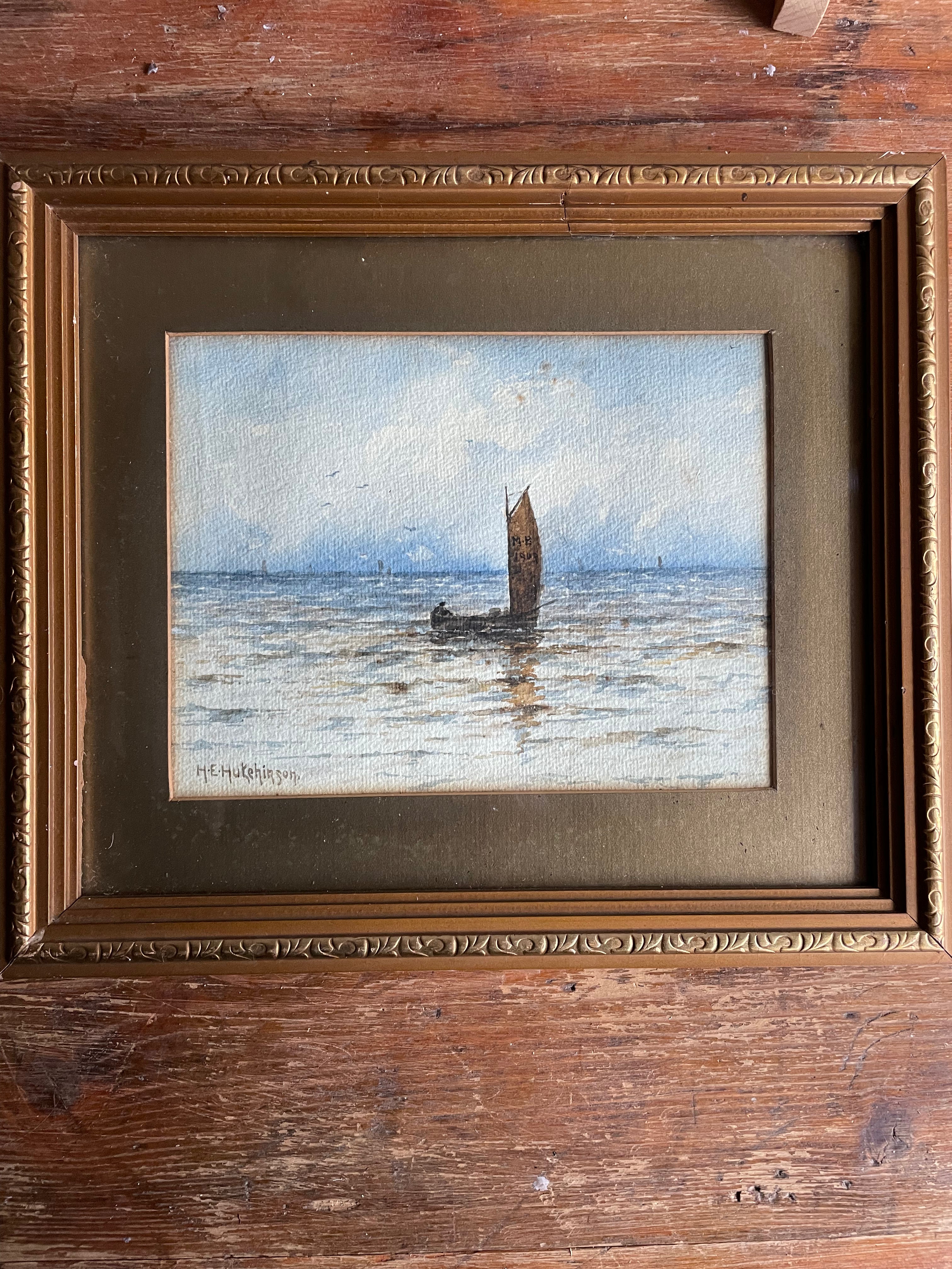 Small Antique Watercolour of a Boat at Sea