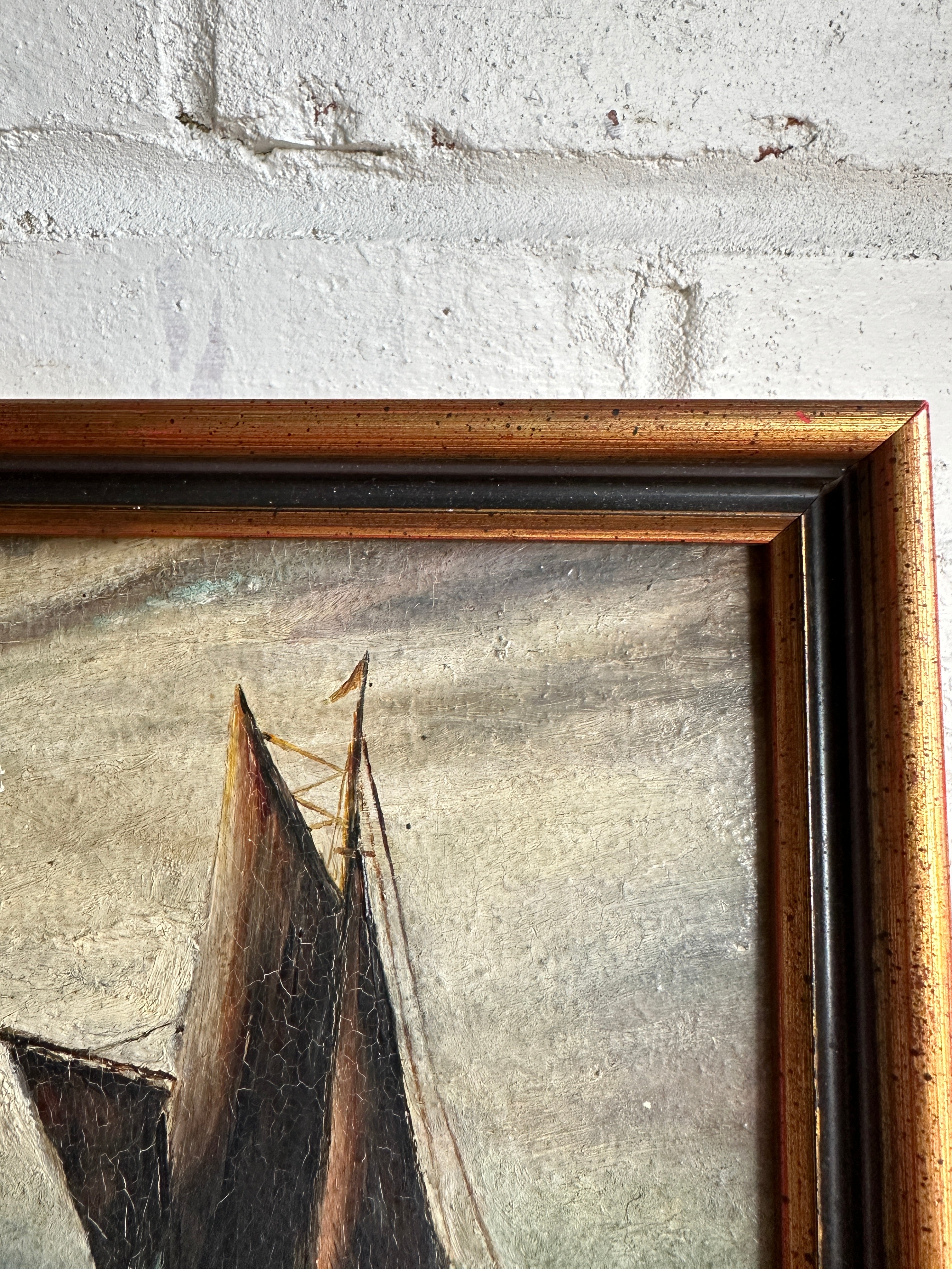 Muted Seascape with Lighthouse: Small Framed Oil on Board