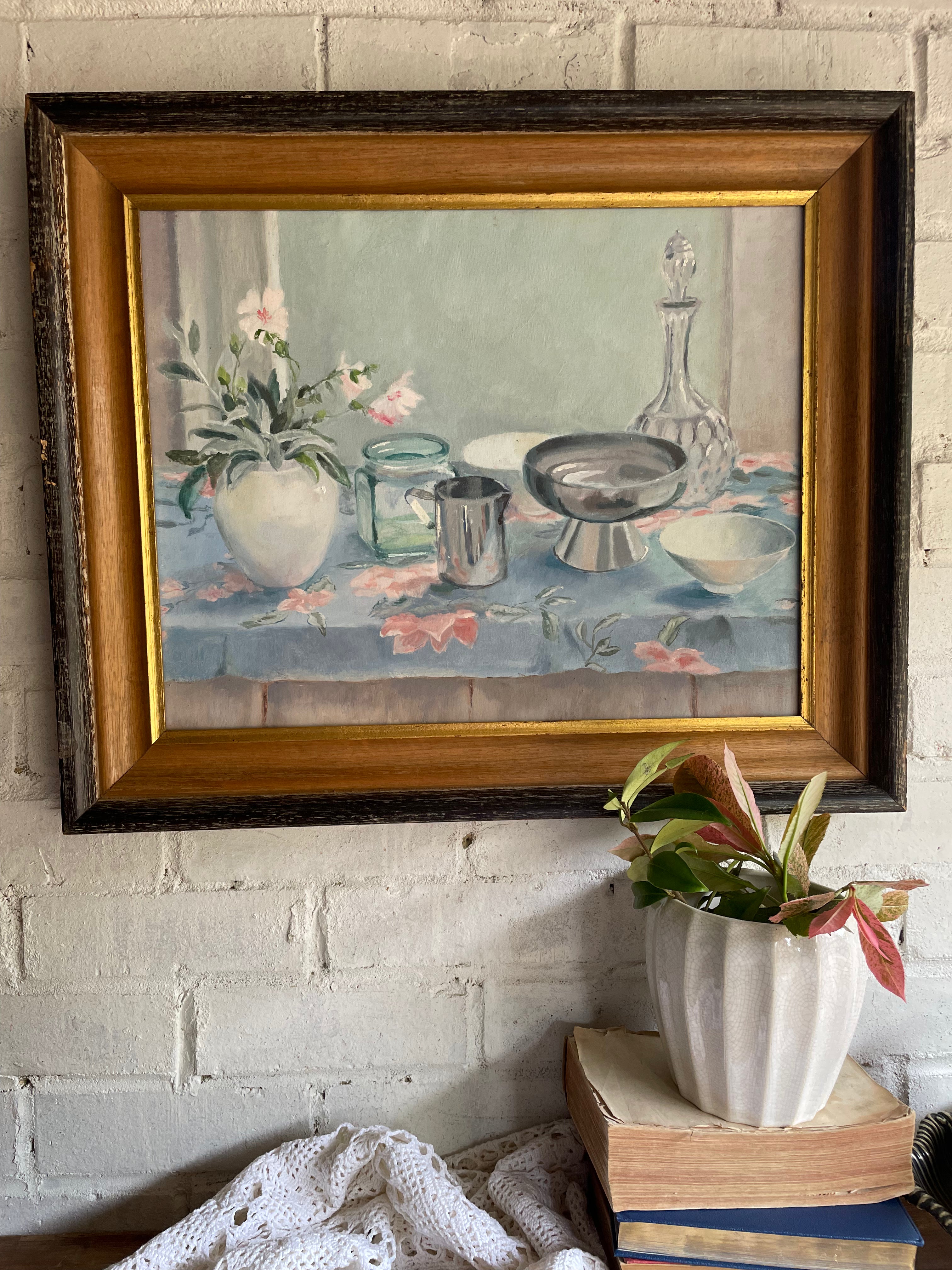 Still-Life Oil Painting with Floral Tablecloth
