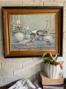Still-Life Oil Painting with Floral Tablecloth