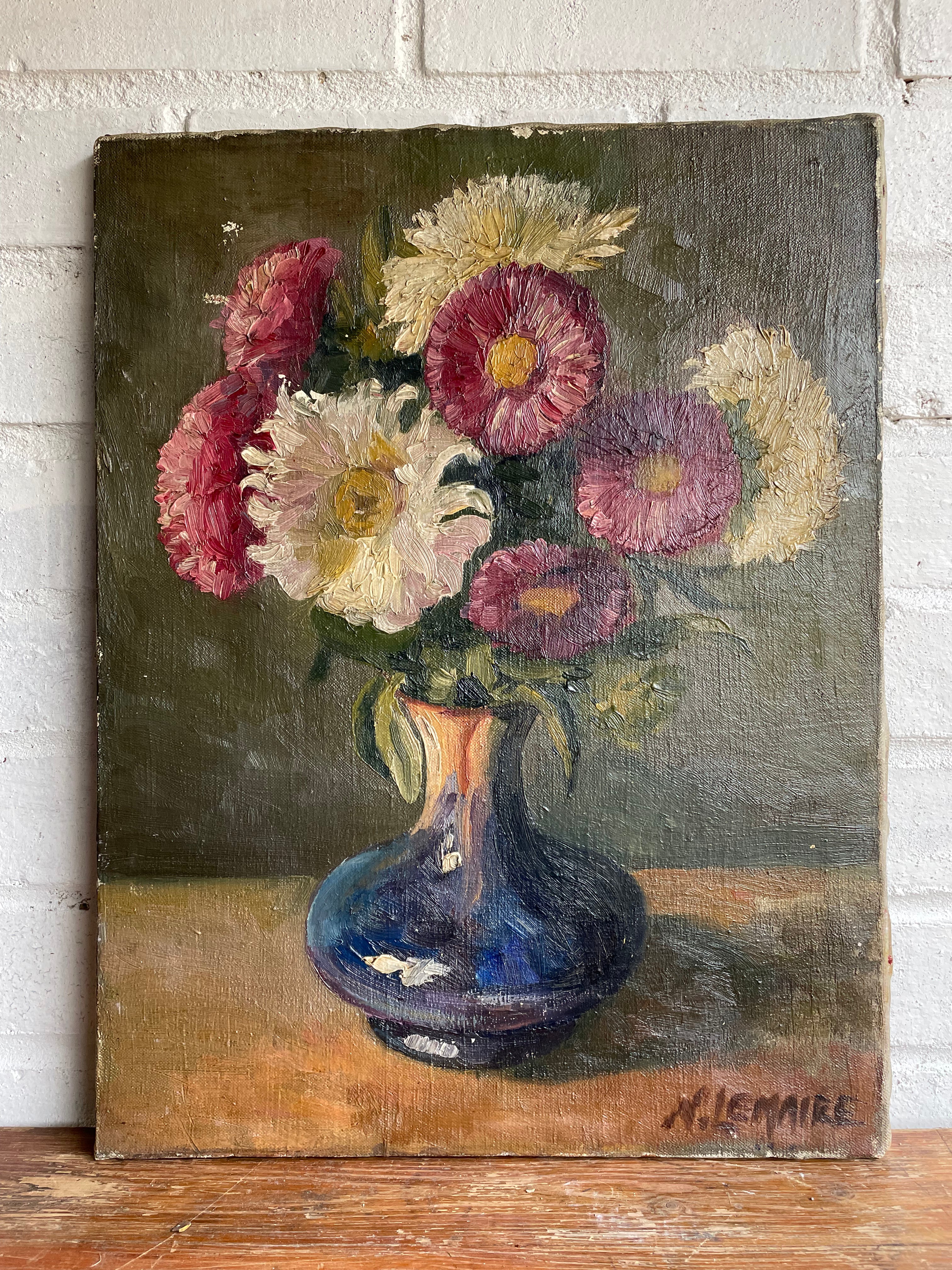 Antique Belgian Floral Still Life: Oil on Canvas