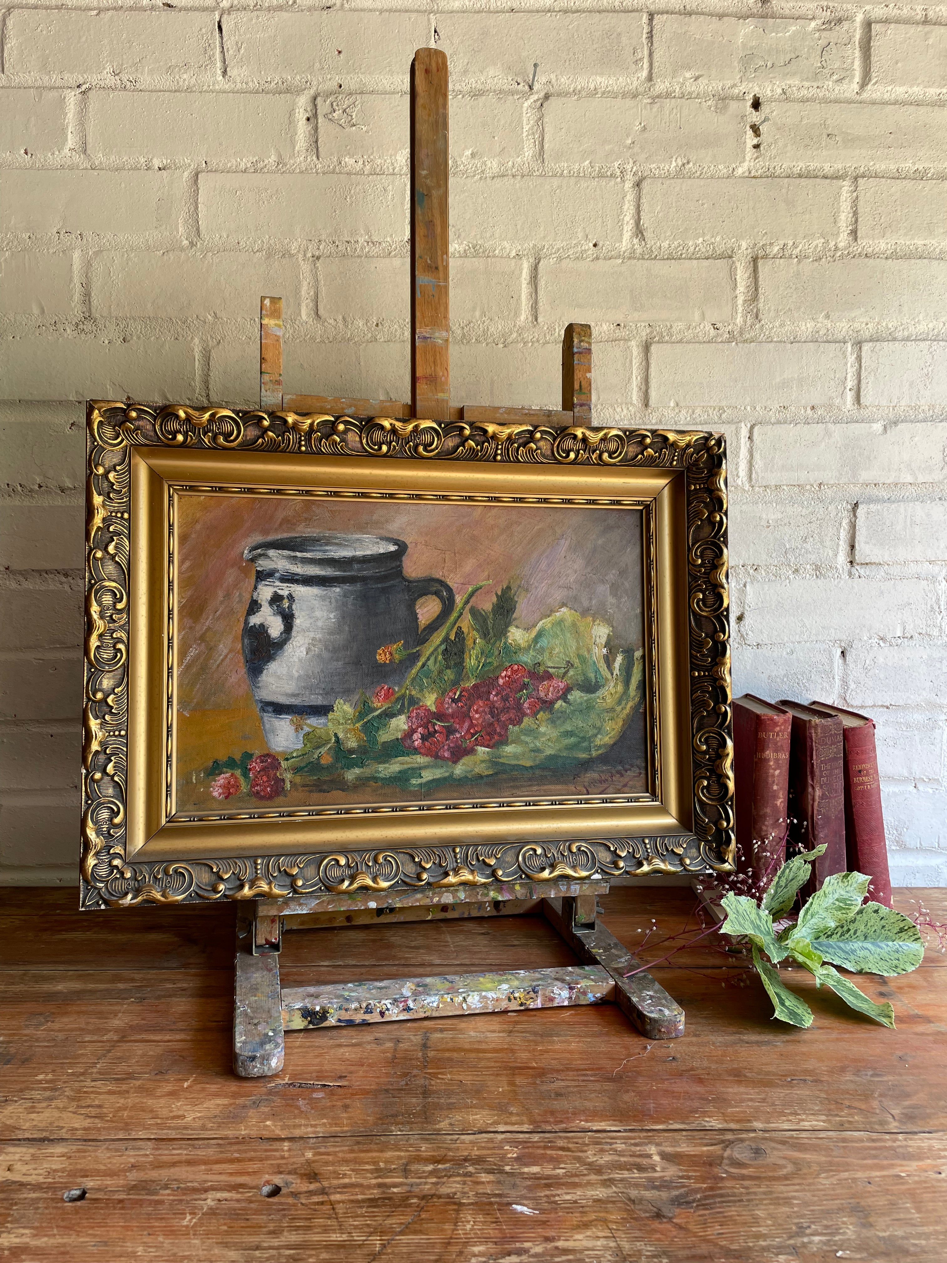 Raspberries: Oil on Canvas with Gilt Frame