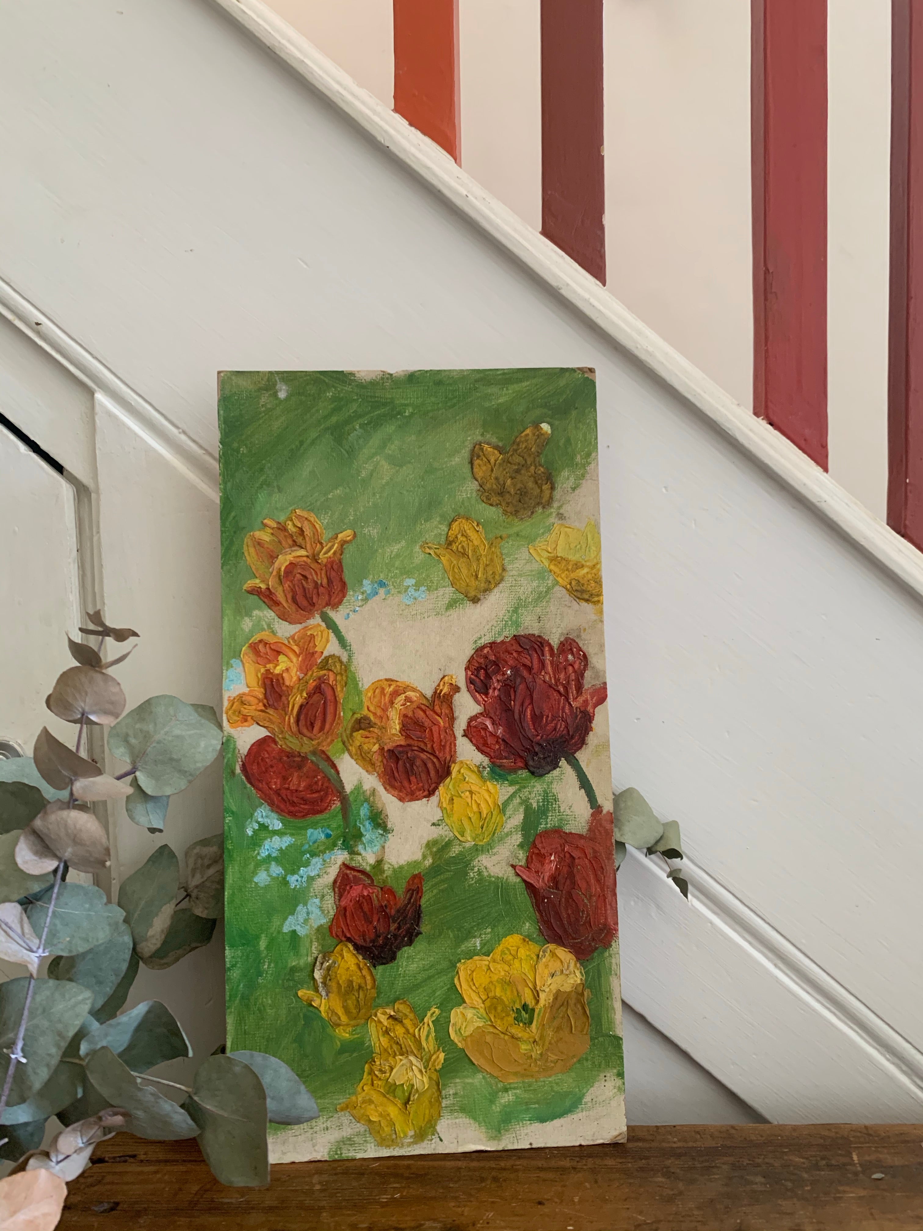 Red & Yellow Floral Burst: Narrow Vintage Oil on Board