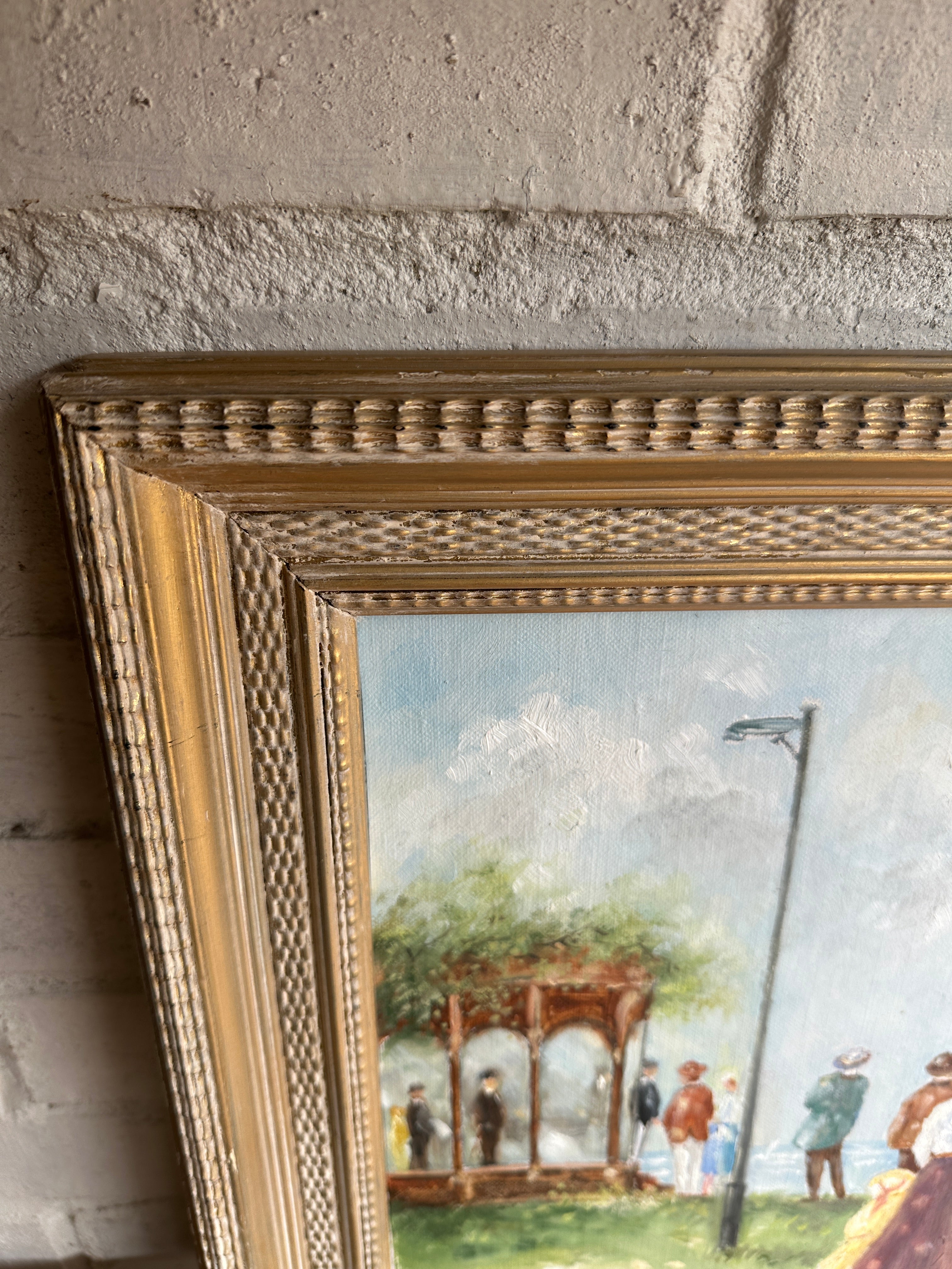 Edwardian Lakeside Scene: Vintage Oil on Board