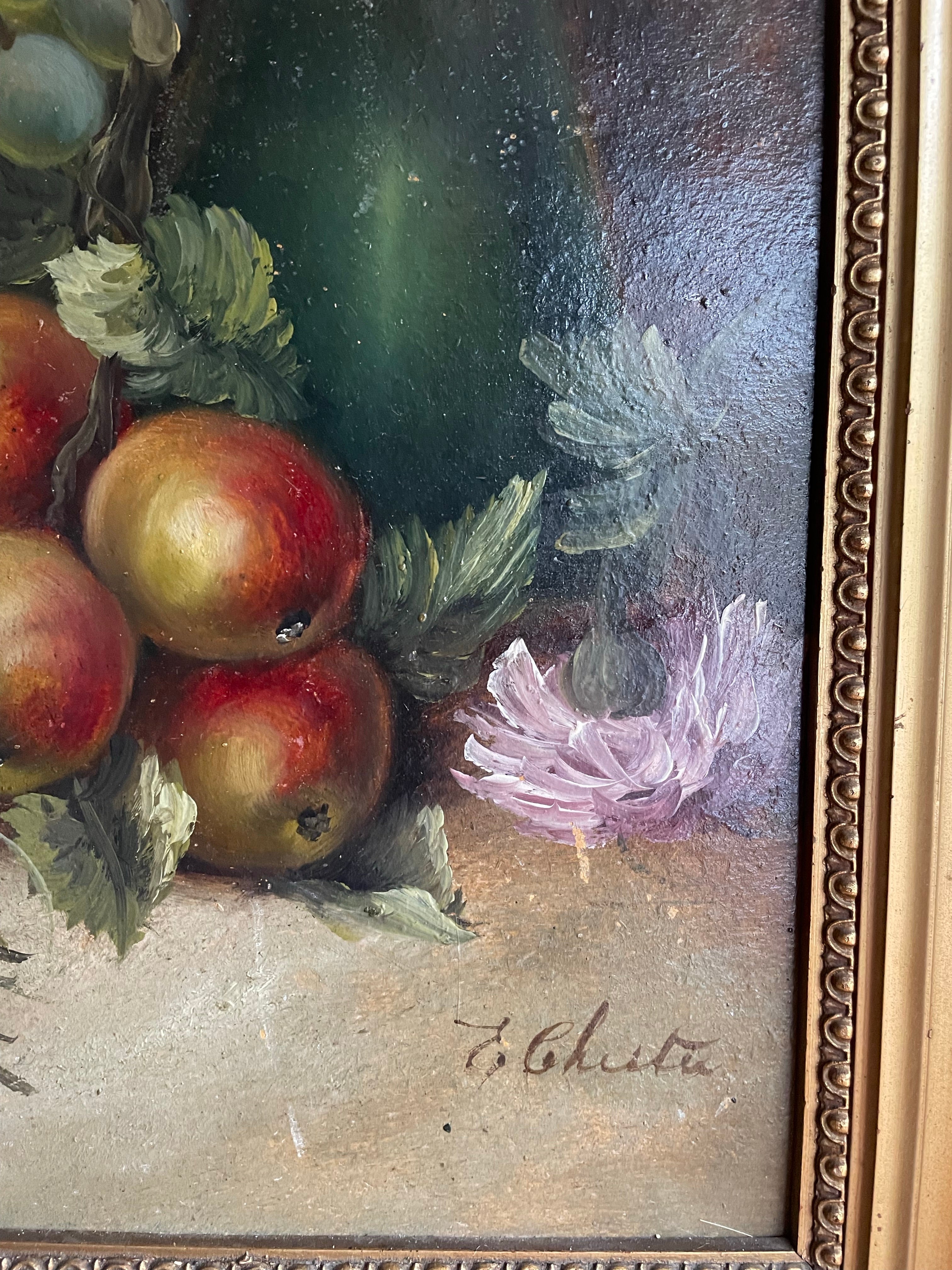 Vintage Floral & Fruit Still Life:  Oil on Board