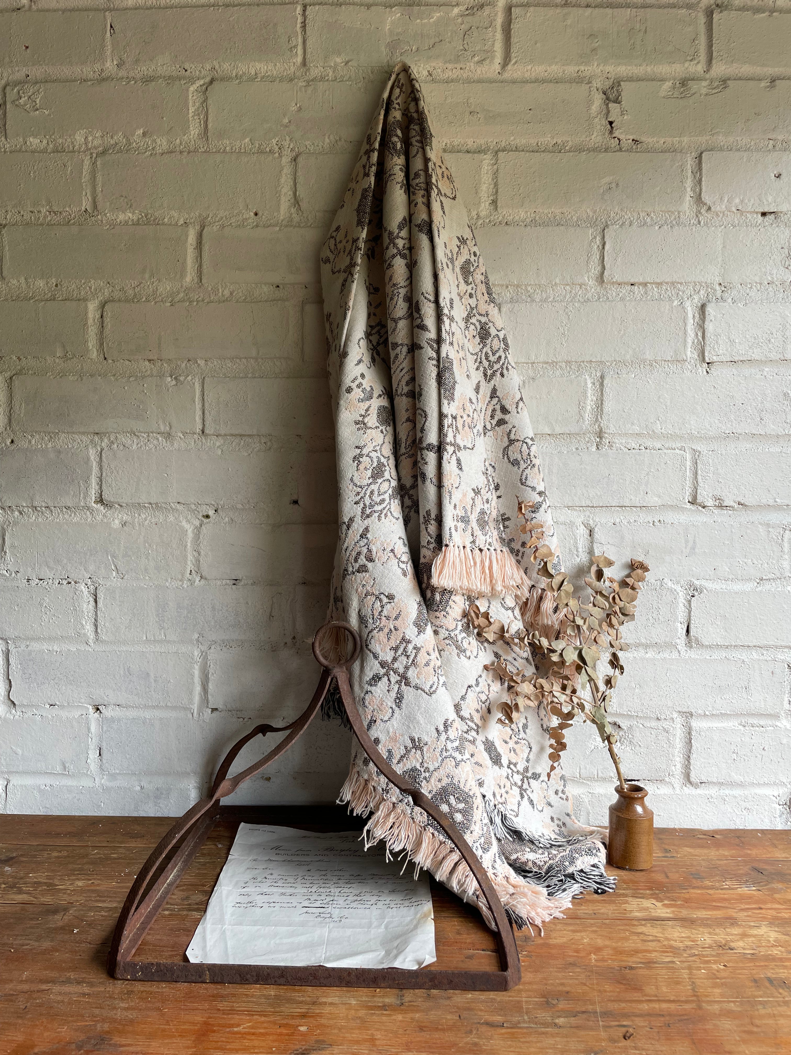 Coral Pink and Grey Embroidered Throw with Fringing