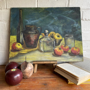 Still life with apples: Oil on Hessian and Board