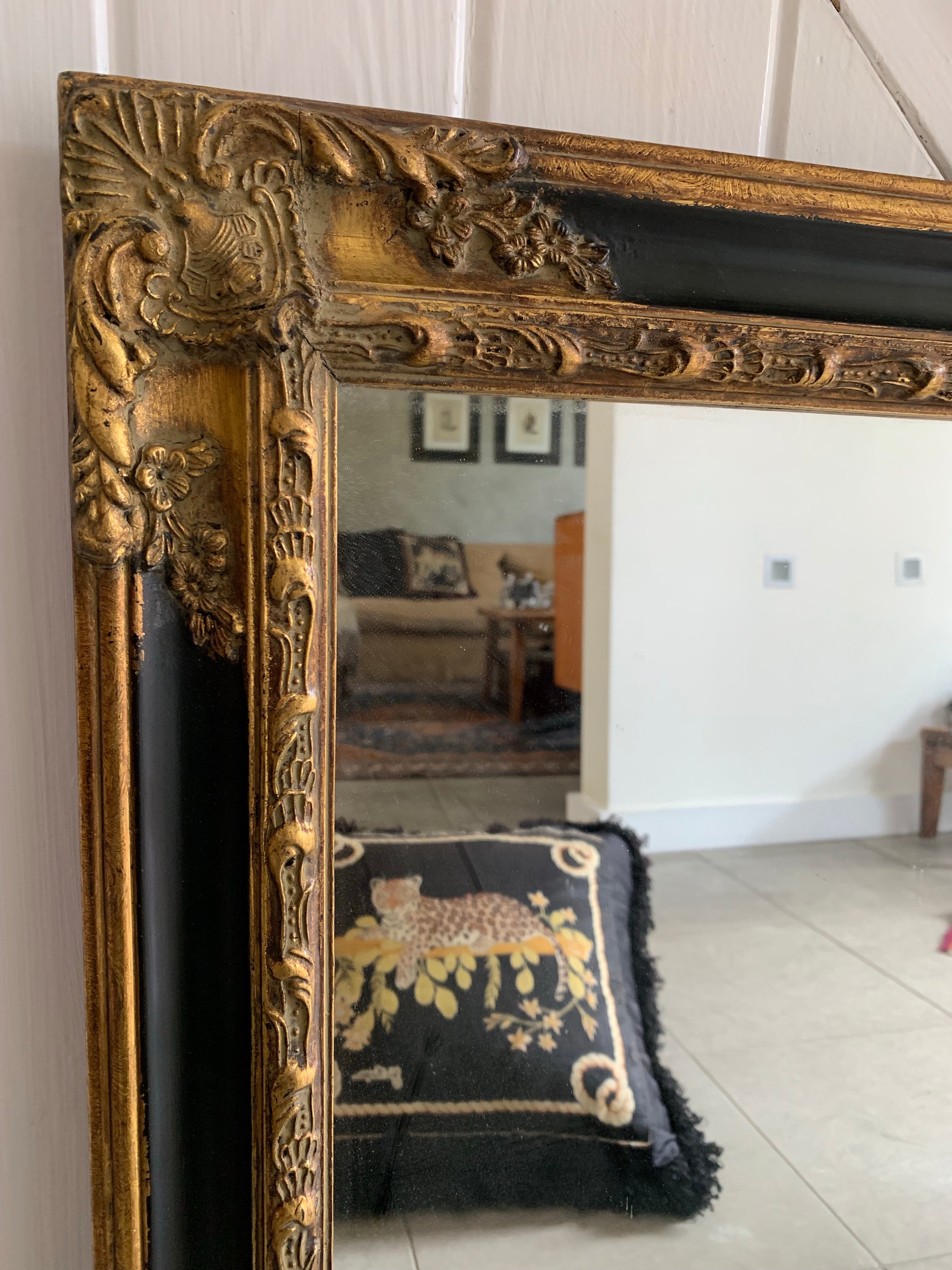 Large Vintage Mirror with ornate frame in gold and black