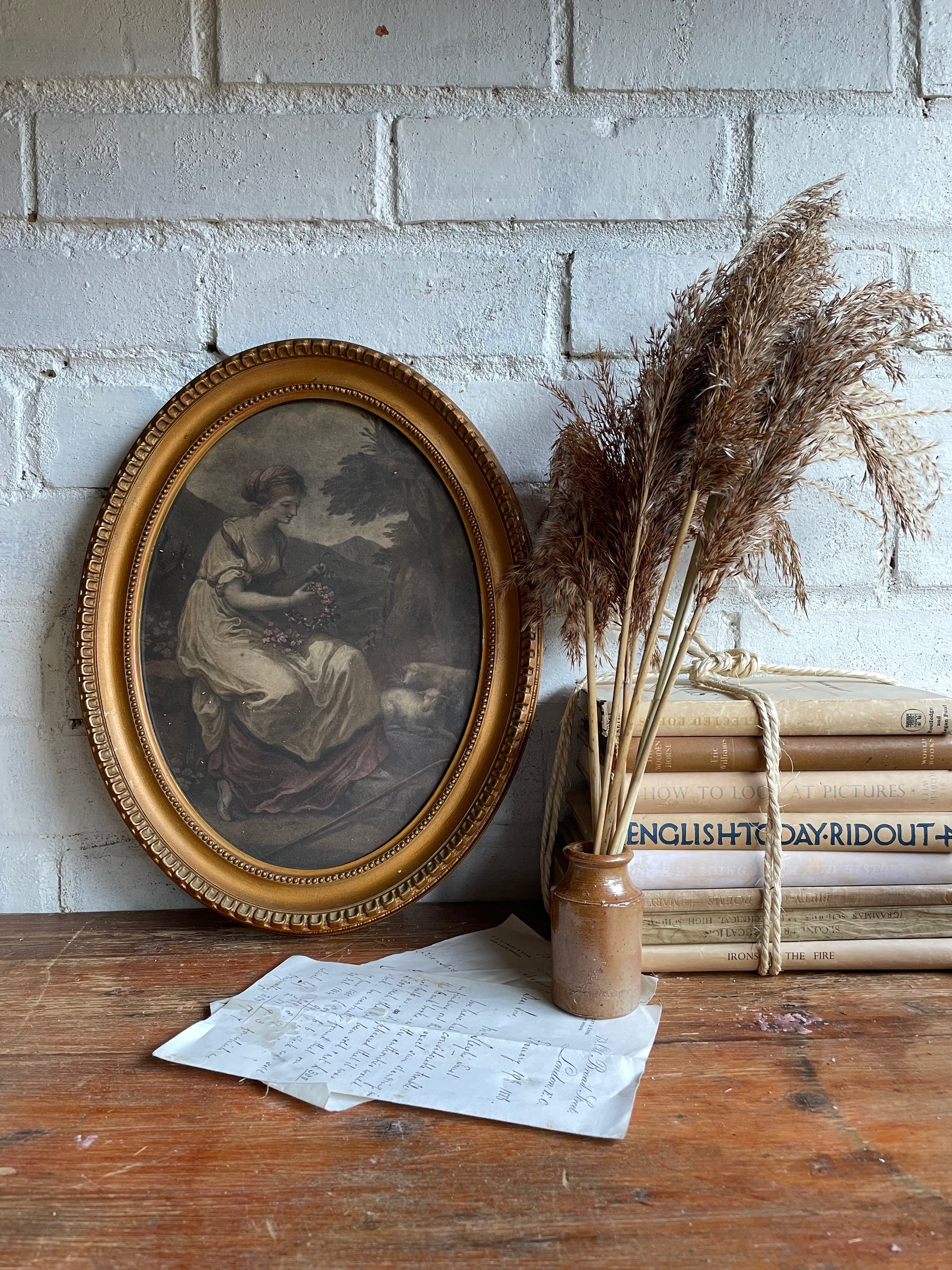 Antique Framed Lithographic Print of a Lady with Flower Garland