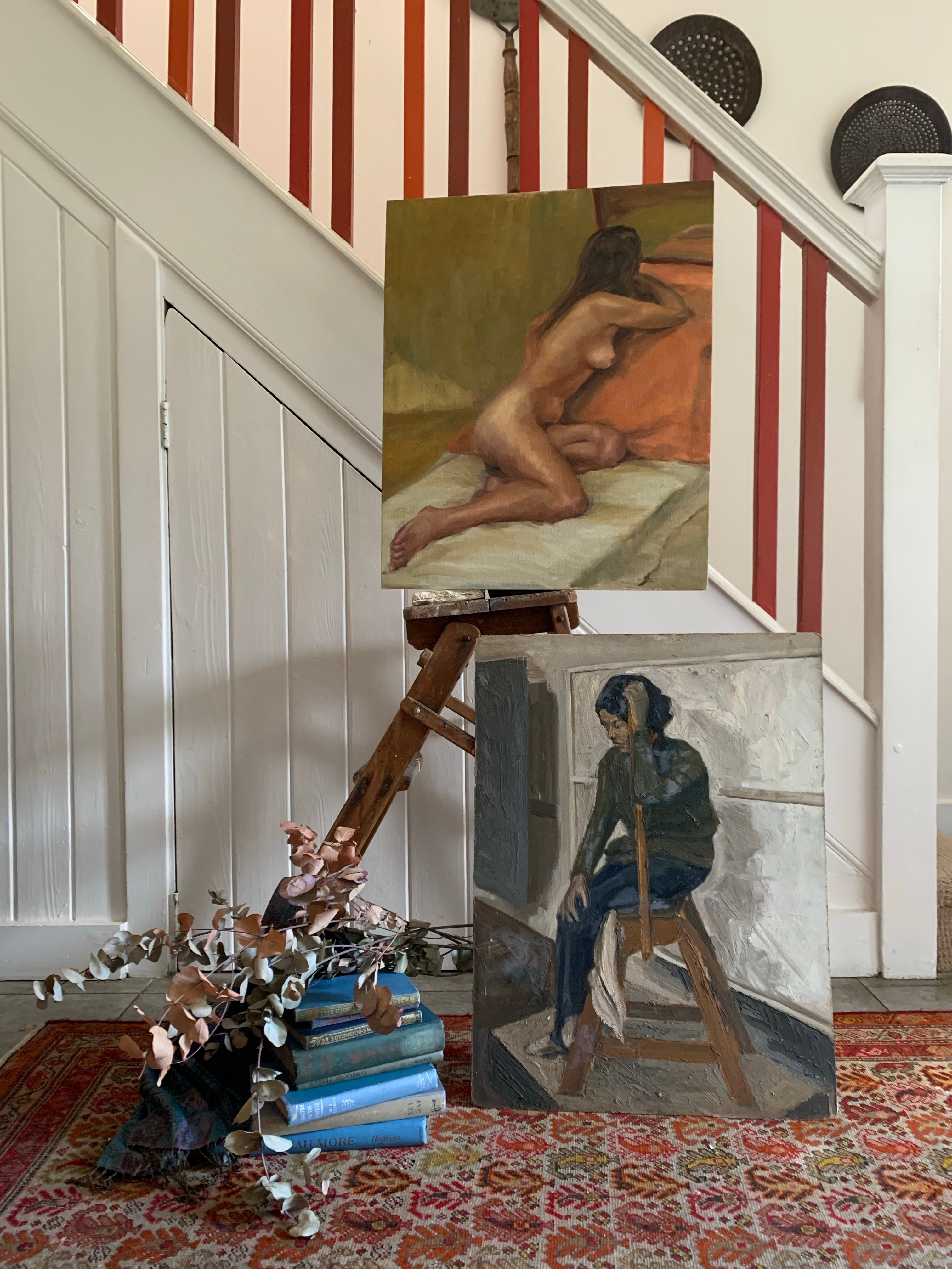 Portrait of a Lady on a ladder  - Oil Painting on Board