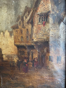 Village Scene: Antique Oil on Leather