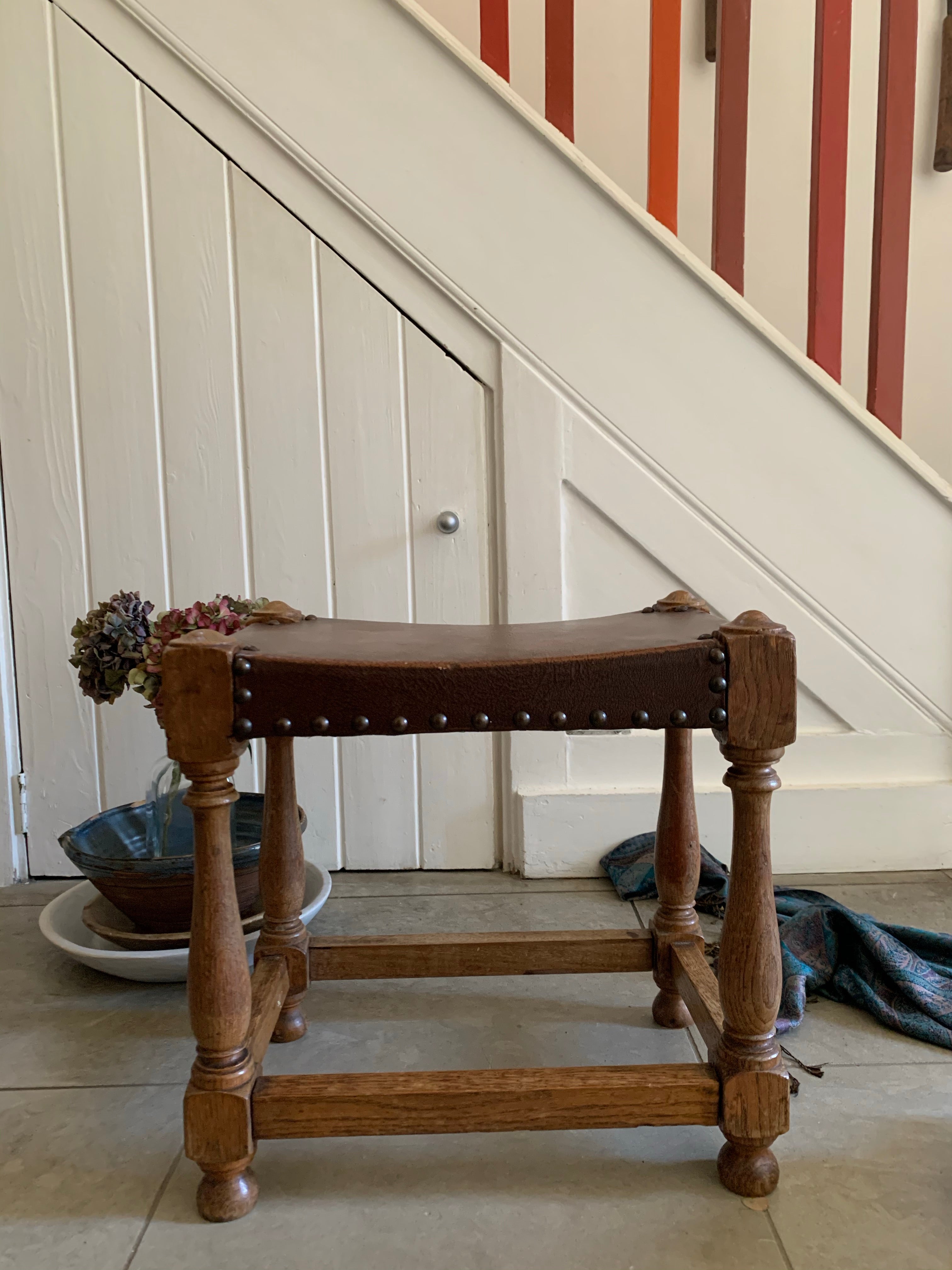 Vintage Stool with Faux Leather and Stud Detail