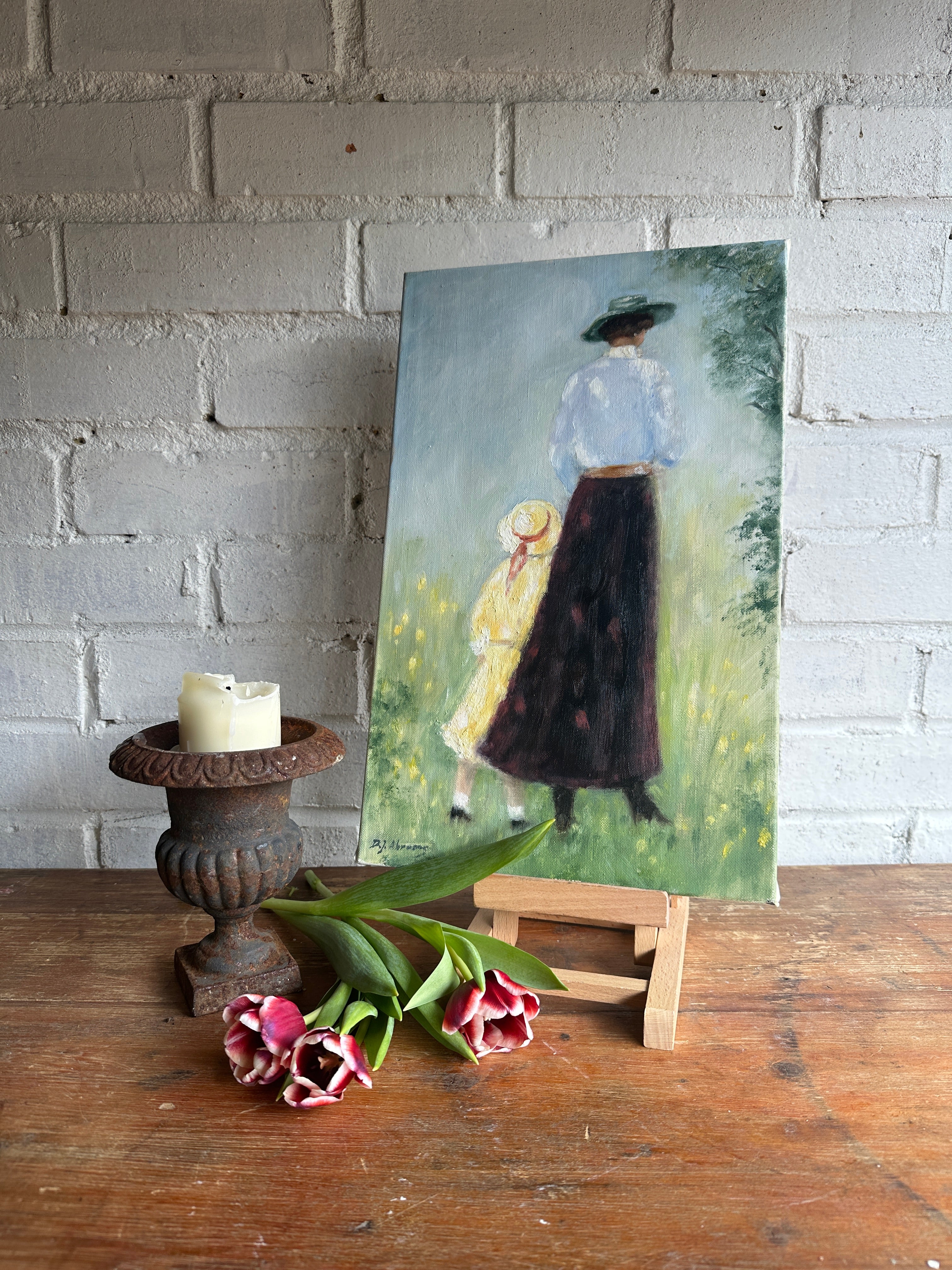Edwardian Lady & Girl: Unframed Oil on Canvas