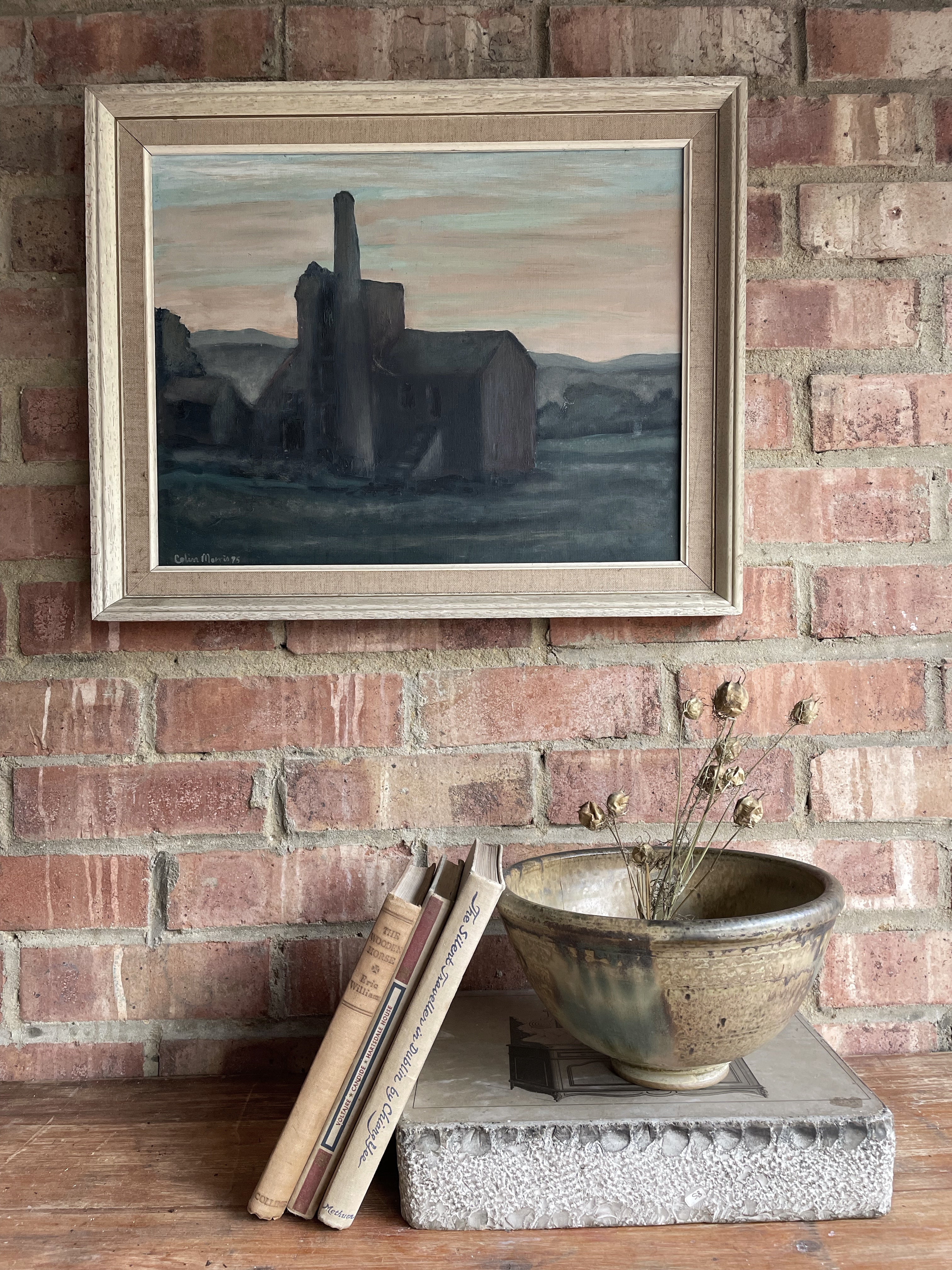 Moody Landscape with Tower and Pink Sky: Oil on Board
