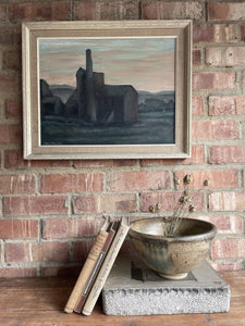 Moody Landscape with Tower and Pink Sky: Oil on Board