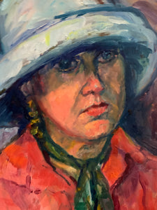 Portrait of a Lady with a Hat- Small Oil Painting on Board
