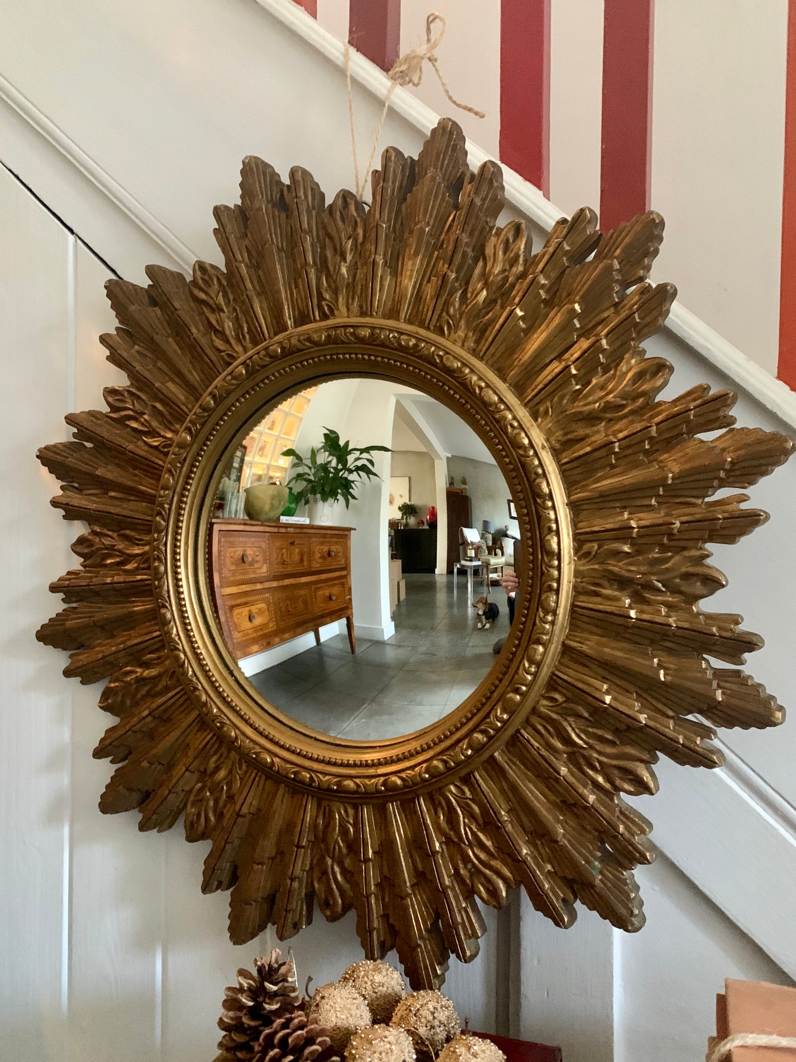 Large Vintage Convex Sunburst Mirror