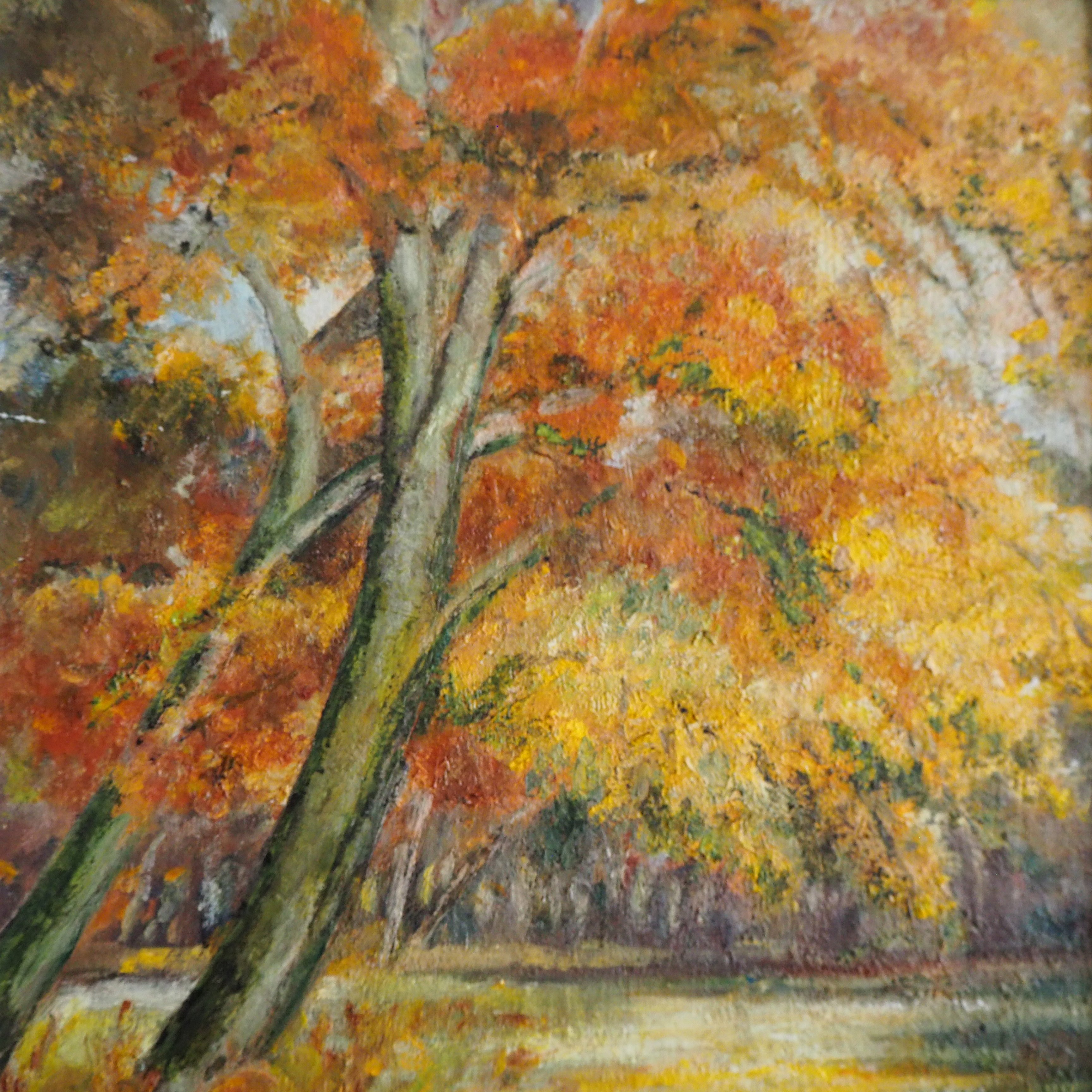 Ochre Treescape: Midcentury Oil on Board
