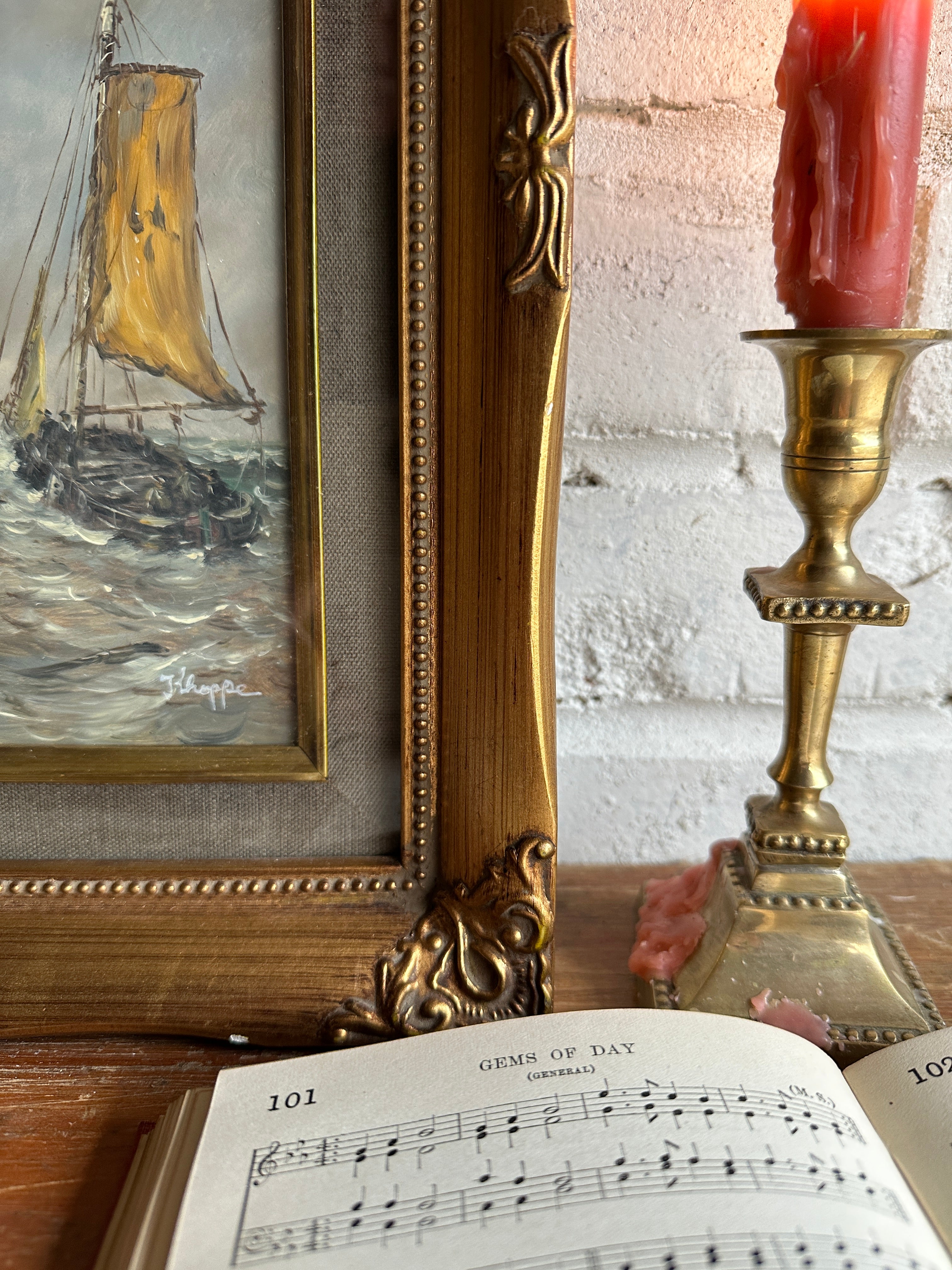 Boats at Sea with Gilt Frame: Antique Oil on Board