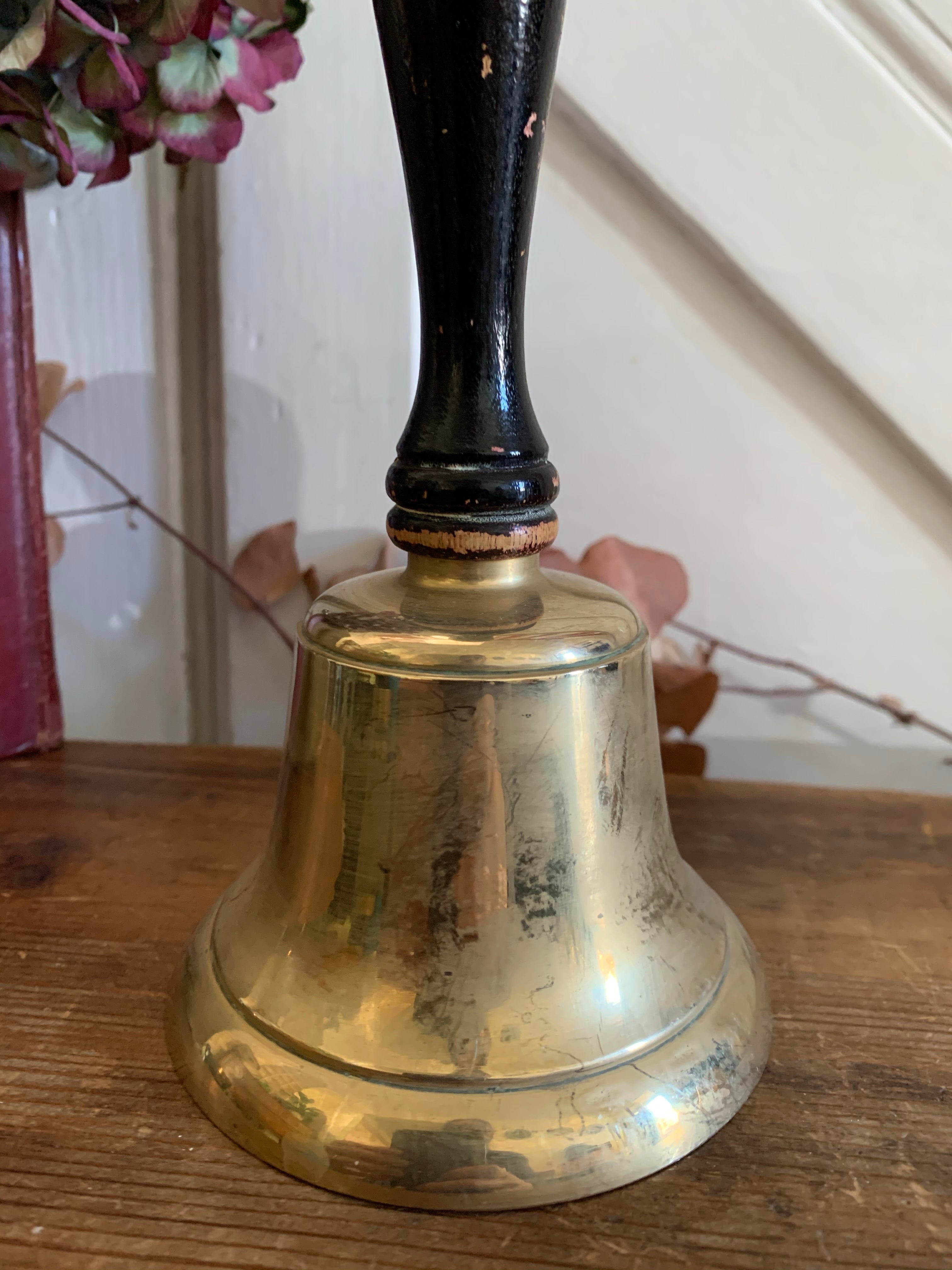 Large Vintage Brass Handbell with Black Handle