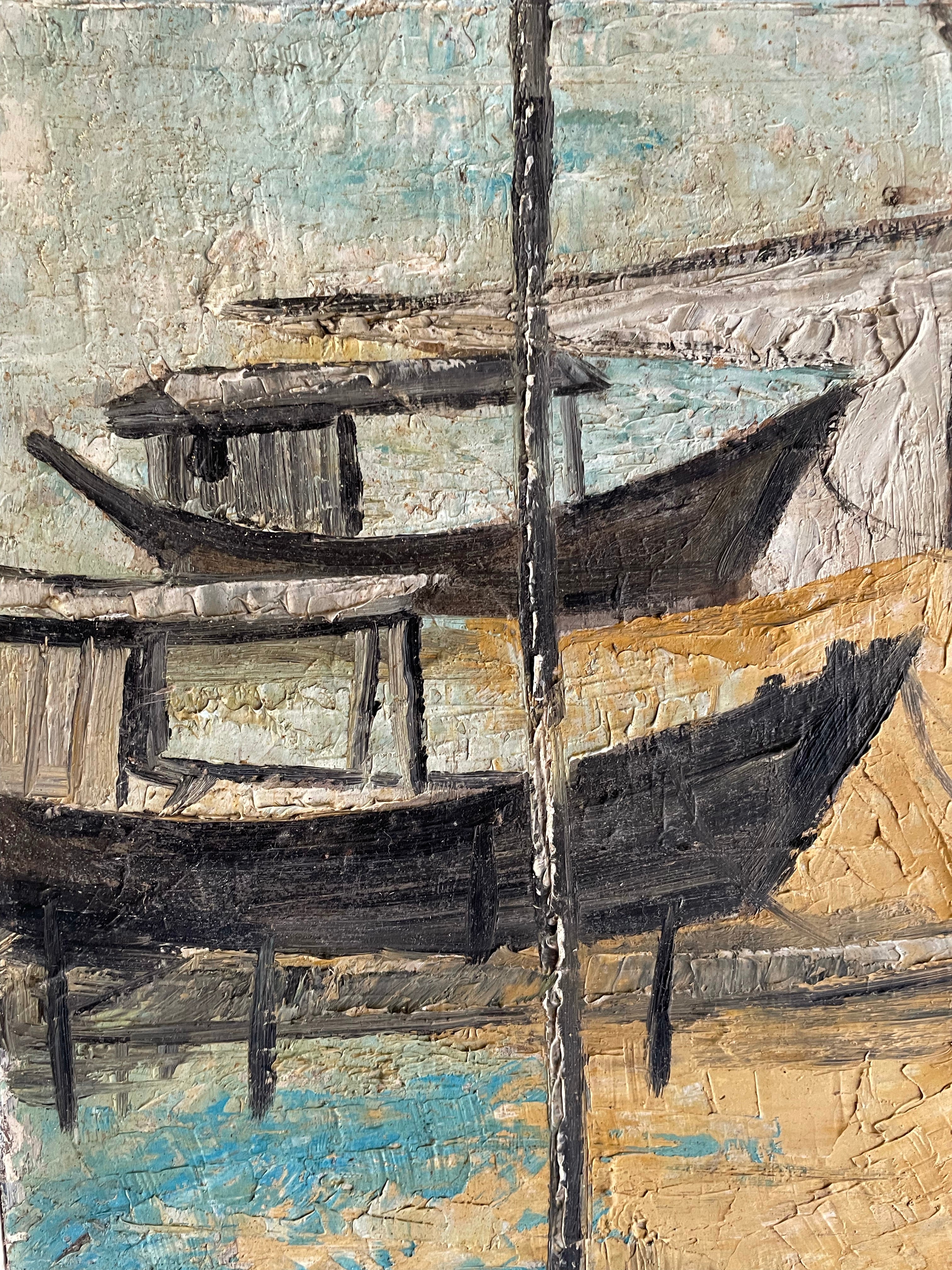Japanese Village & Boats: Midcentury Signed Oil on Board