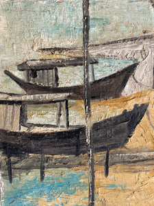 Japanese Village & Boats: Midcentury Signed Oil on Board