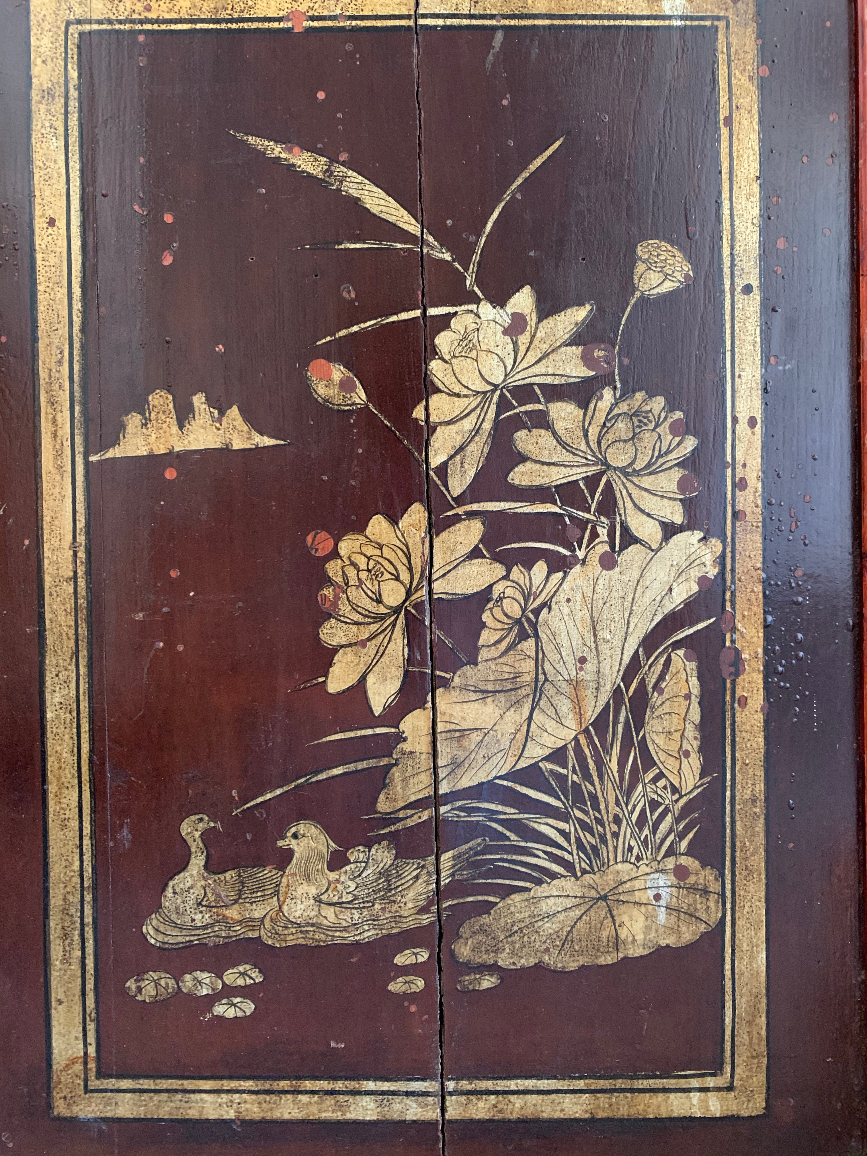 Large Antique Chinese Decorative Wood Panel with gold detail